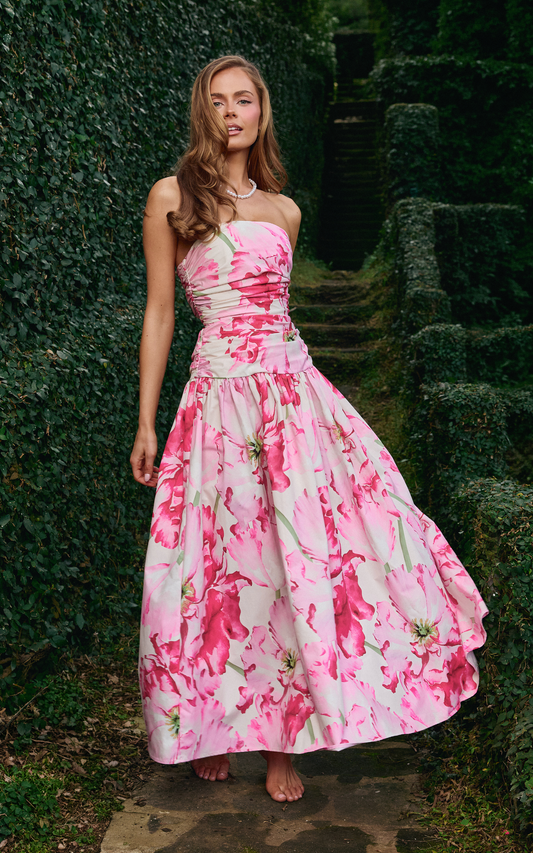 Isadora Midi Dress - Strapless Ruched Front Fit And Flare Dress in Poppy On White Print
