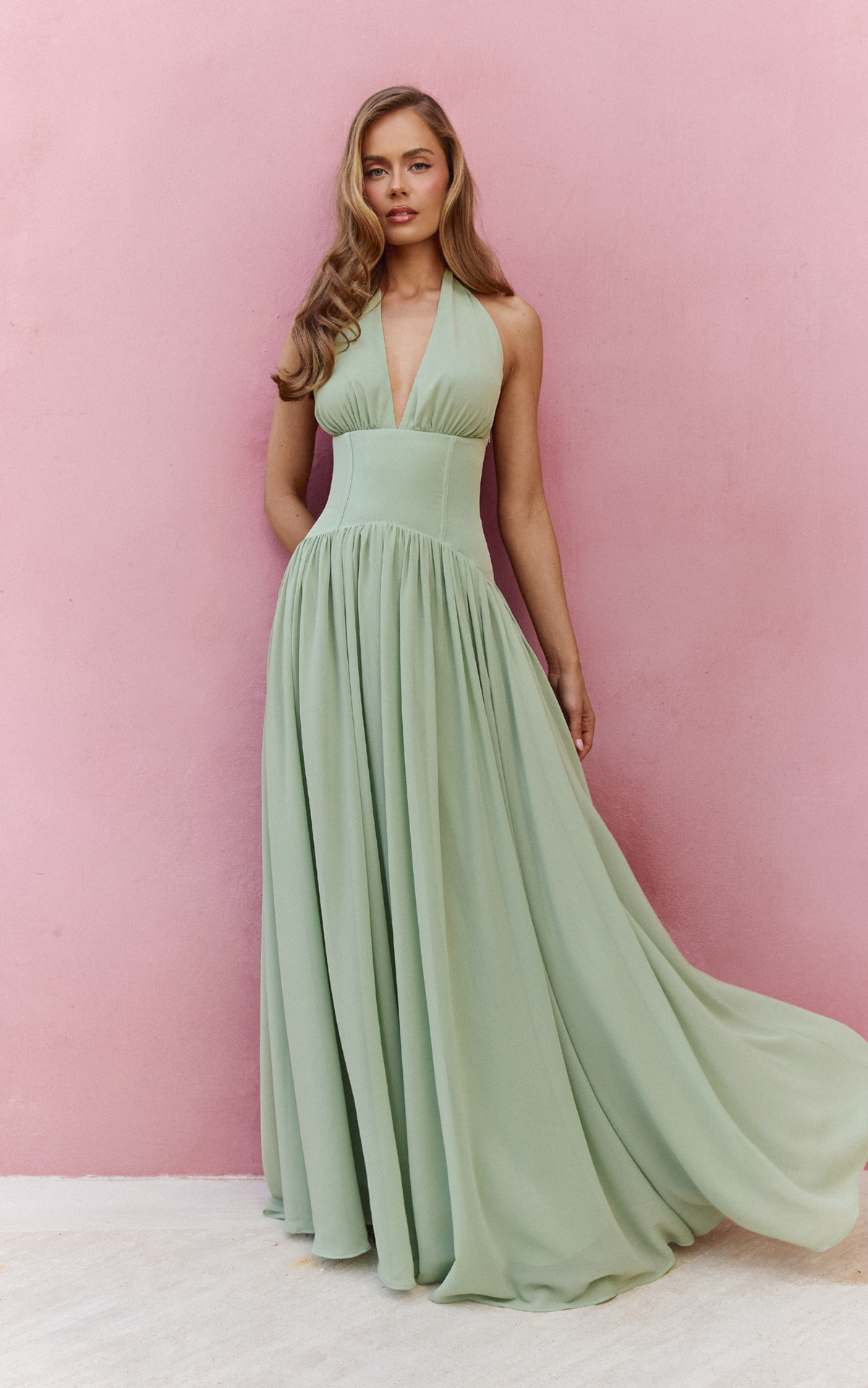 Josephine Maxi Dress - Contrast Corset Halter Neck Dress in Sage