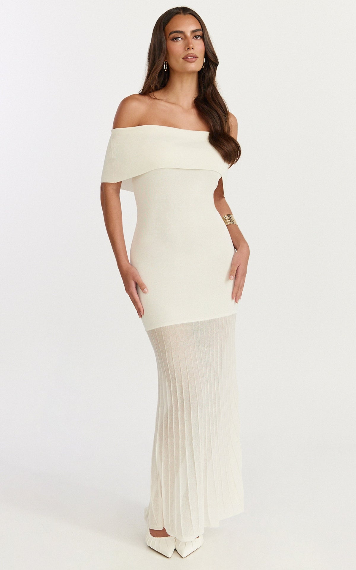 Paige Maxi Dress - Off The Shoulder Pleated Skirt Dress in White