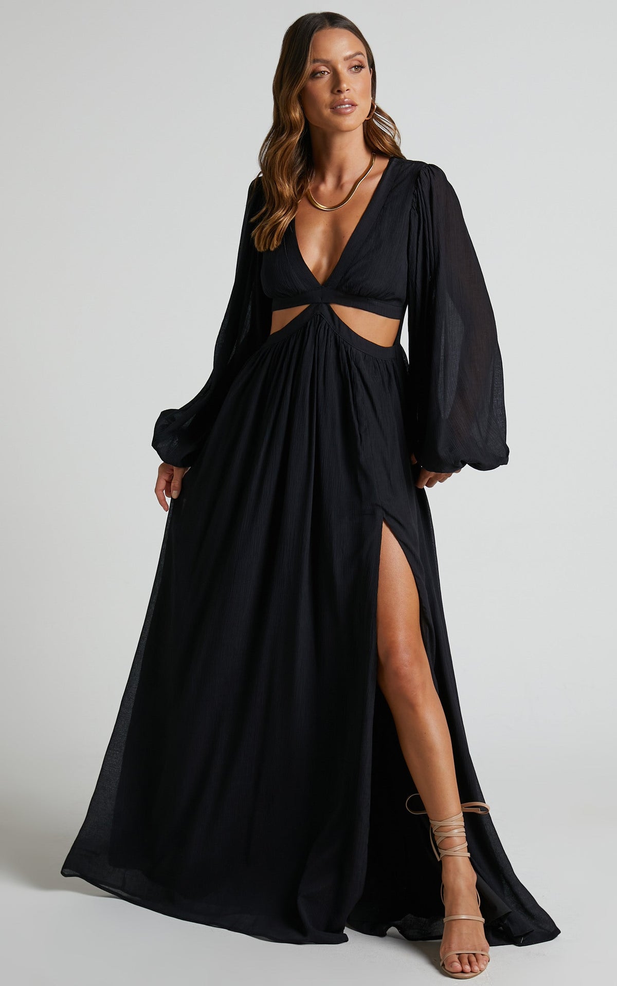Paige Maxi Dress - Side Cut Out Balloon Sleeve Dress in Black