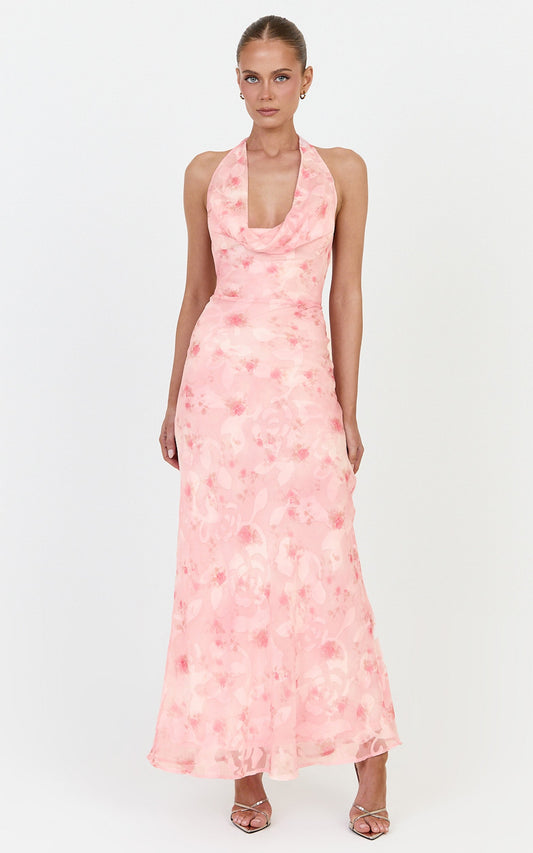 Paloma Maxi Dress - Halter Neck Cowl Dress in Pink Floral
