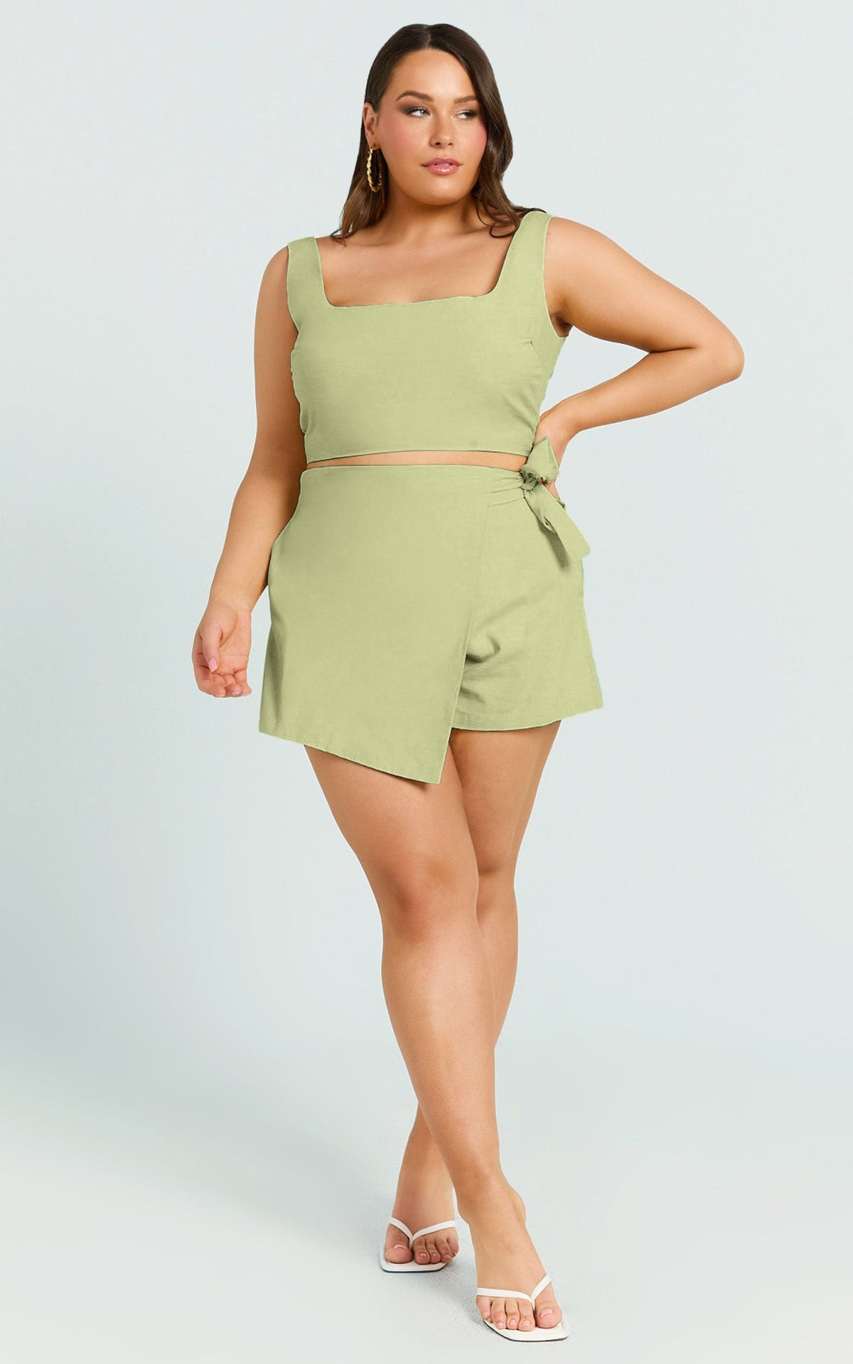 Polina Two Piece Set - Linen Square Neck Crop Top and Tie Waist Skort Set in Sage