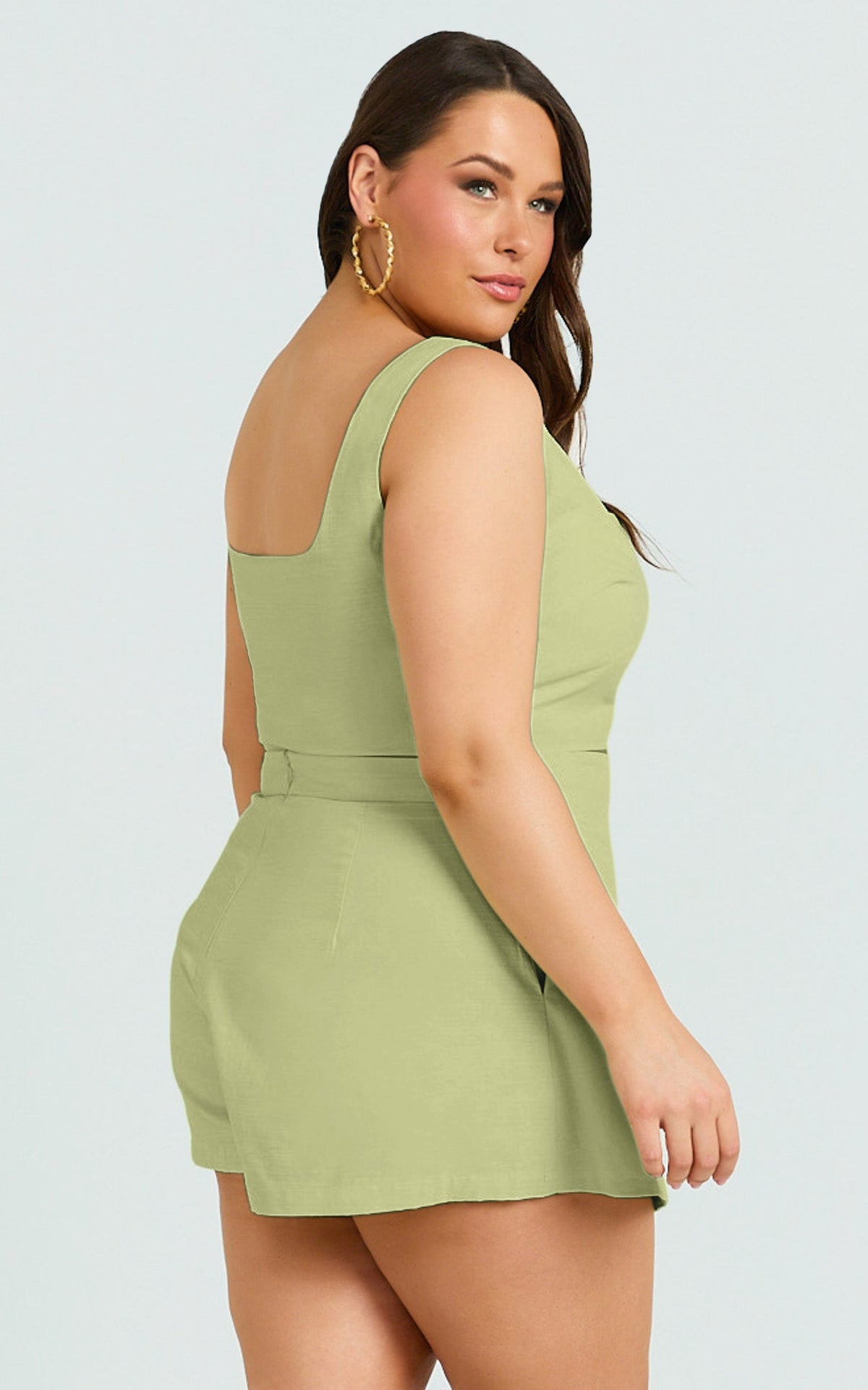 Polina Two Piece Set - Linen Square Neck Crop Top and Tie Waist Skort Set in Sage