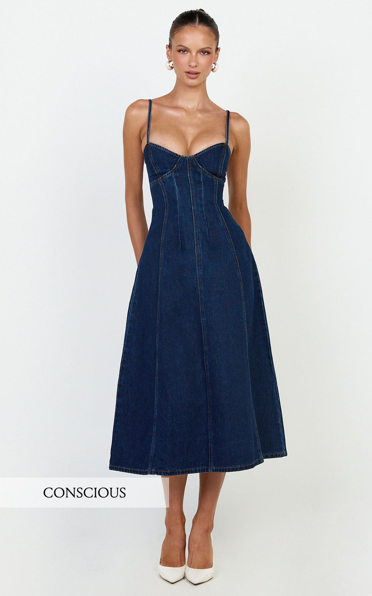 Prisha Midi Dress - Recycled Denim Fit and Flare Dress in Indigo Wash