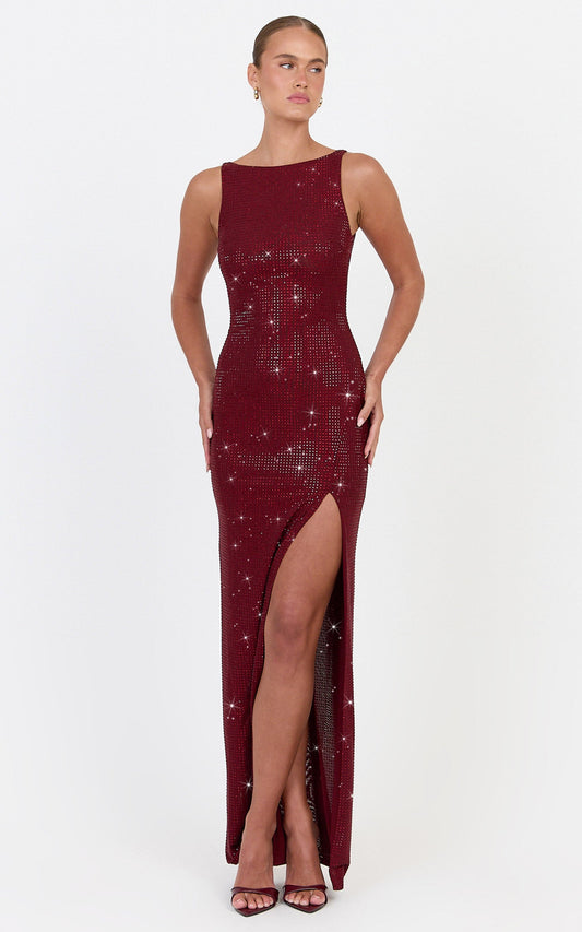 Quinn Maxi Dress - Backless Hotfix Boat Neck Dress in Wine
