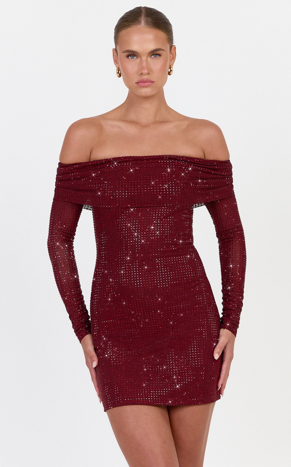 Quinn Mini Dress - Hotfix Off Shoulder Long Sleeve Dress in Wine