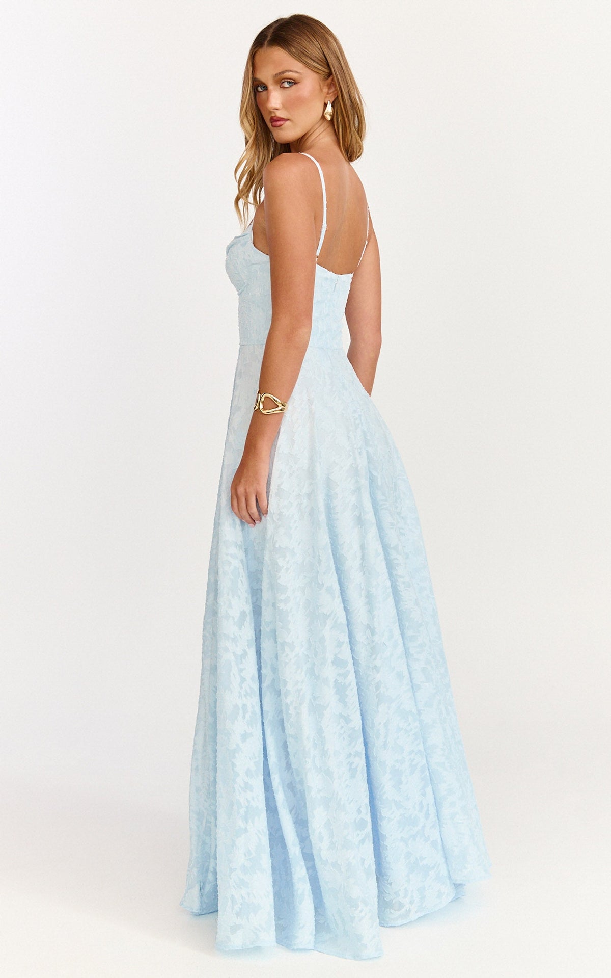Rachel Maxi Dress - Sweetheart Neckline Jacquard Front Split Dress in Ice Blue