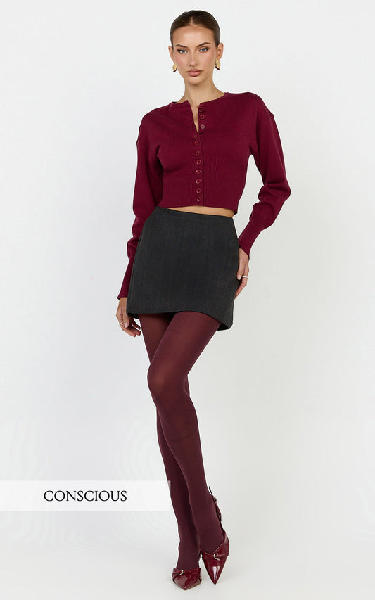 Ramsey Cardigan - Recycled Contoured Waist Button Down Cardigan in Wine