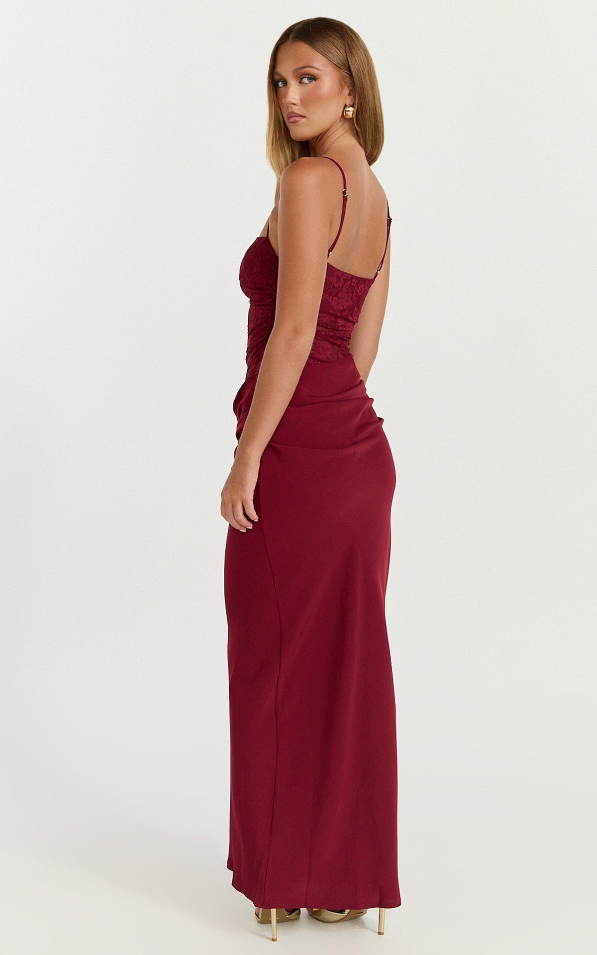 Rania Maxi Dress - Contrast Lace Bodice Bias Cowl Drop Waist Dress in Wine