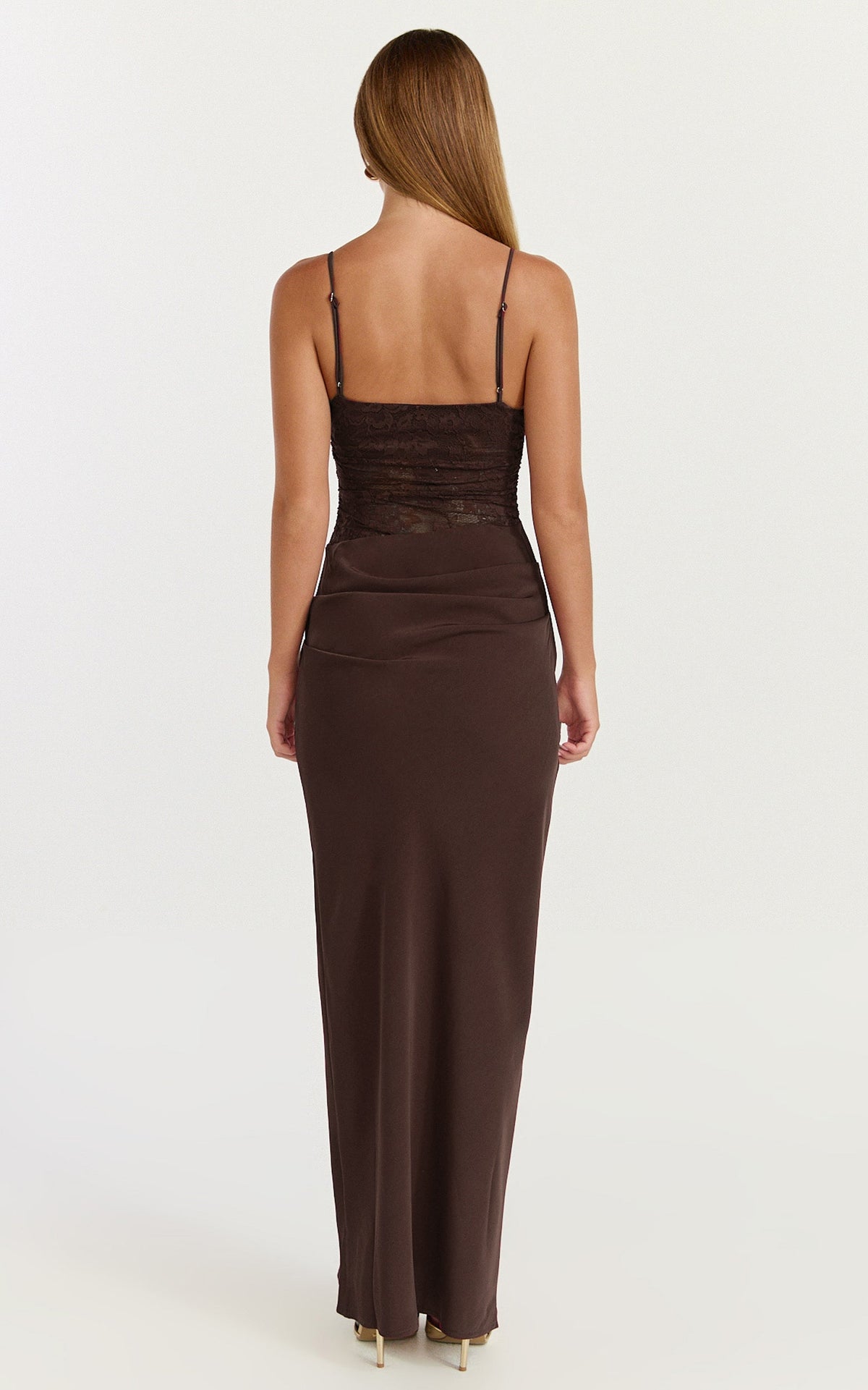 Rania Maxi Dress - Contrast Lace Bodice Bias Cowl Drop Waist Dress in Chocolate