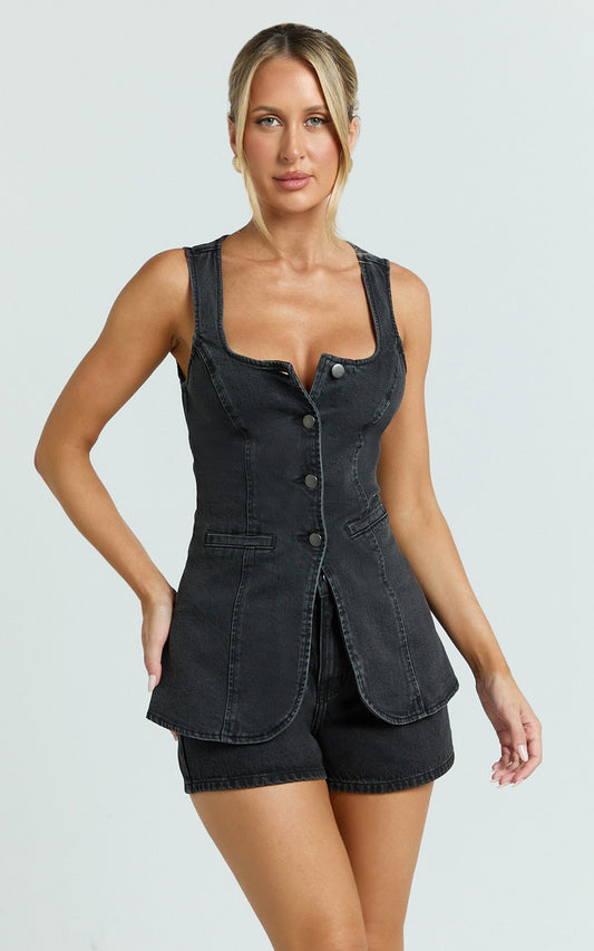 Raquel Top - Denim Scoop Neck Button Down Vest in Washed Black