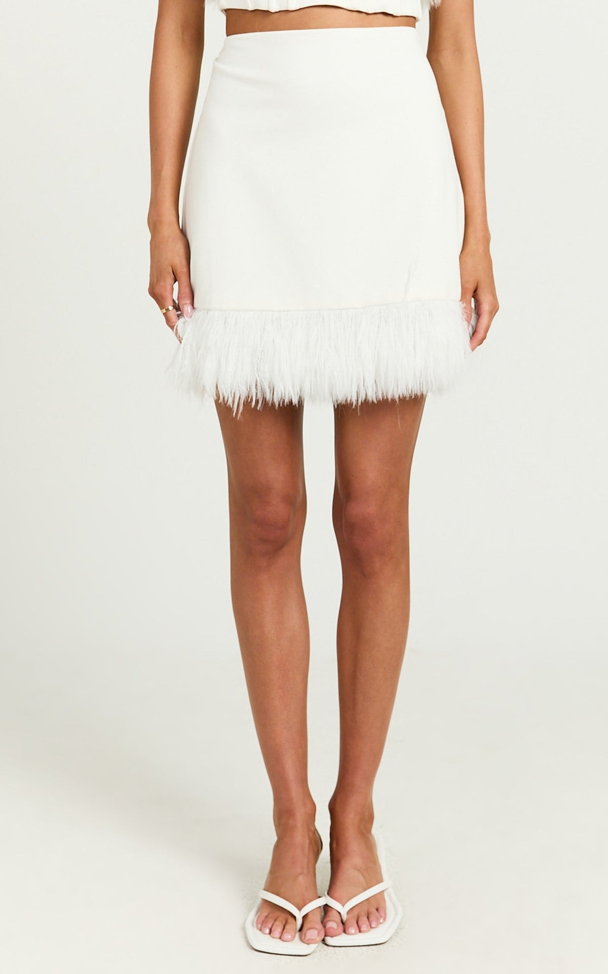 Rhaiza Mini Skirt - Faux Feather Trim High Waisted Skirt in White