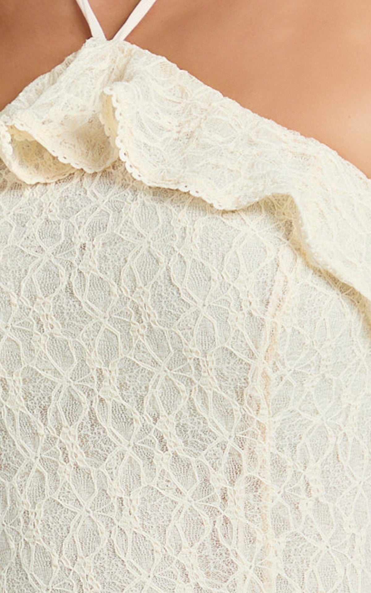Rhea Mini Dress - Jacquard Ruffle Halter A Line Dress in Cream