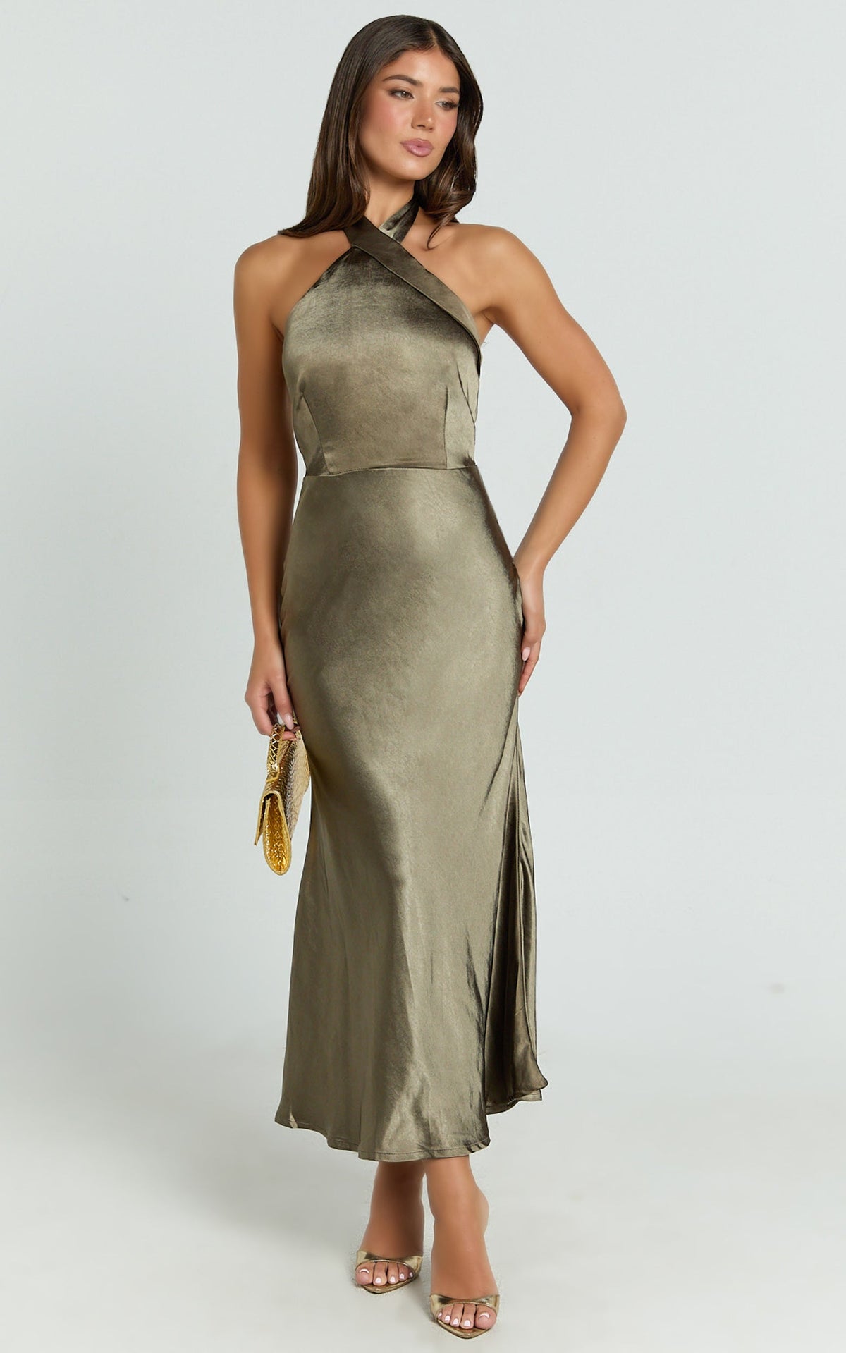 Rhianne Midi Dress - Twist Halter Neck Open Back Satin Dress in Olive