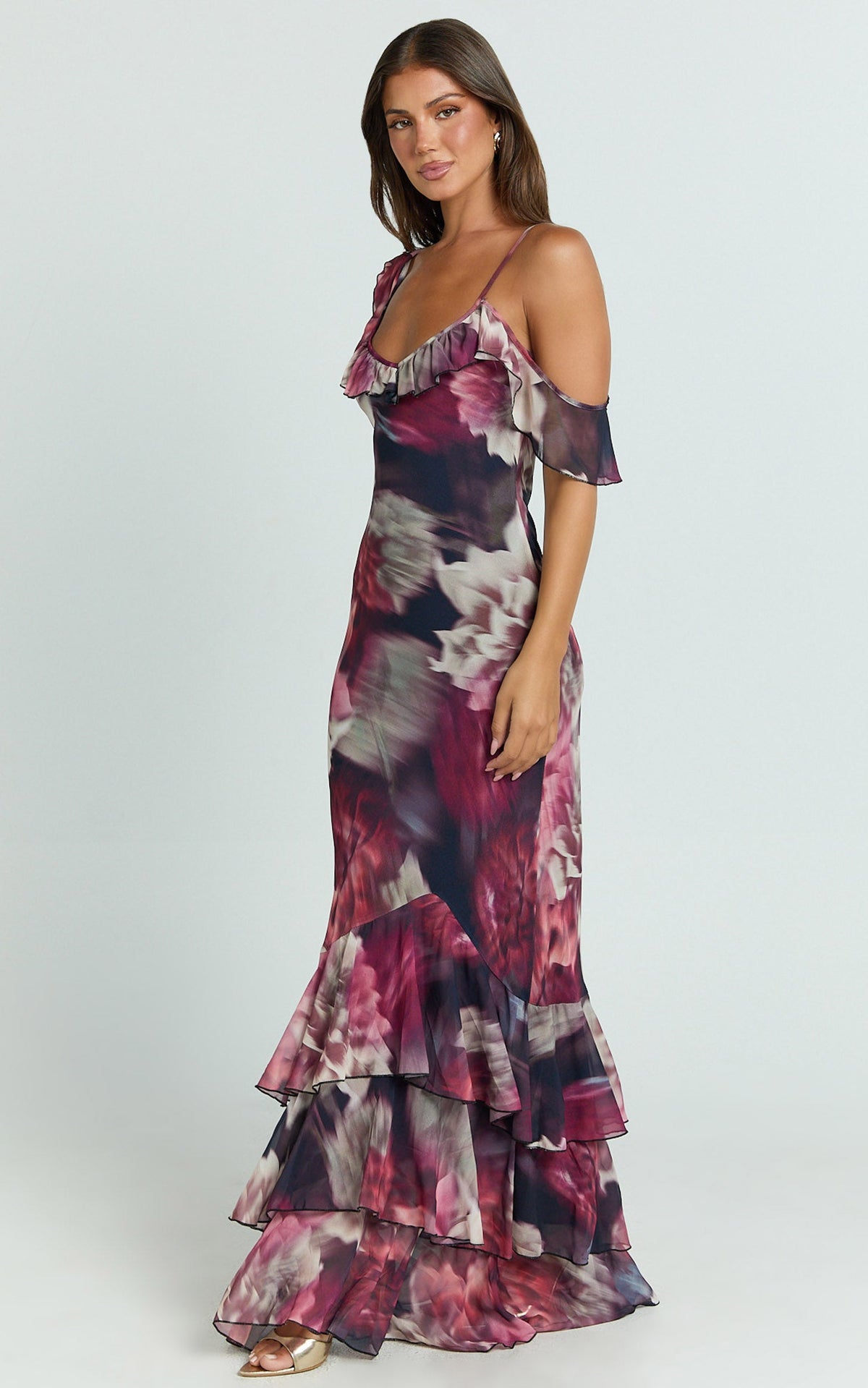 Riley Maxi Dress - Asymmetric Ruffle Detail Maxi Dress in Mariache Rose