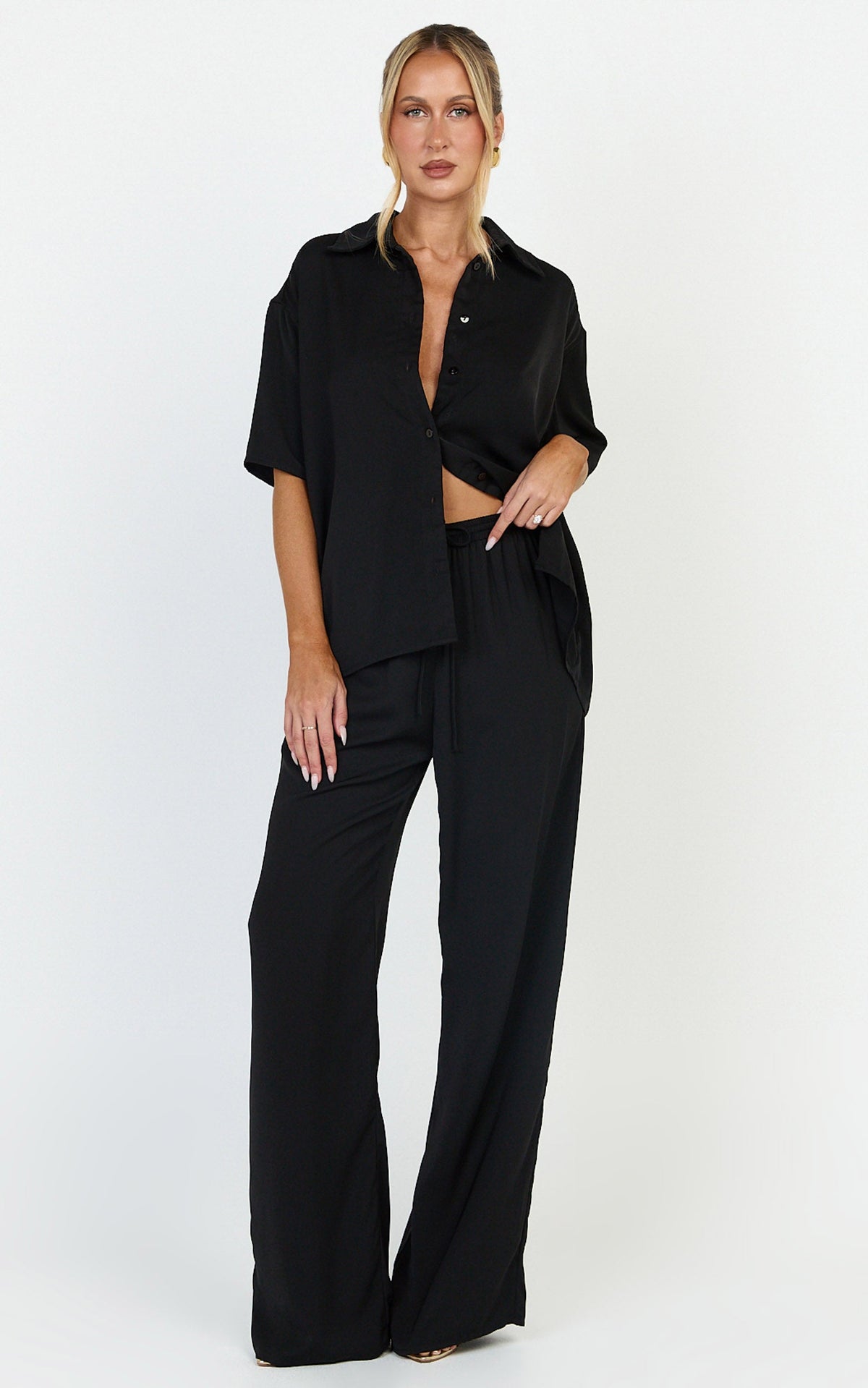 Robyn Pants - High Elastic Waist Relaxed Straight Leg Pants in Black