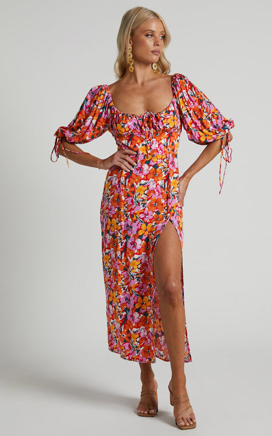 Rosario Midi Dress - Ruched Bust Puff Sleeve Dress in Spring Floral