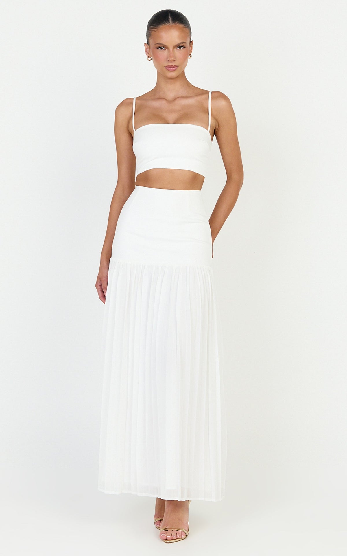 Rowan Two Piece Top and Skirt Set - Square Neck Crop Top and High Waist Pleated Maxi Skirt Set in Ivory