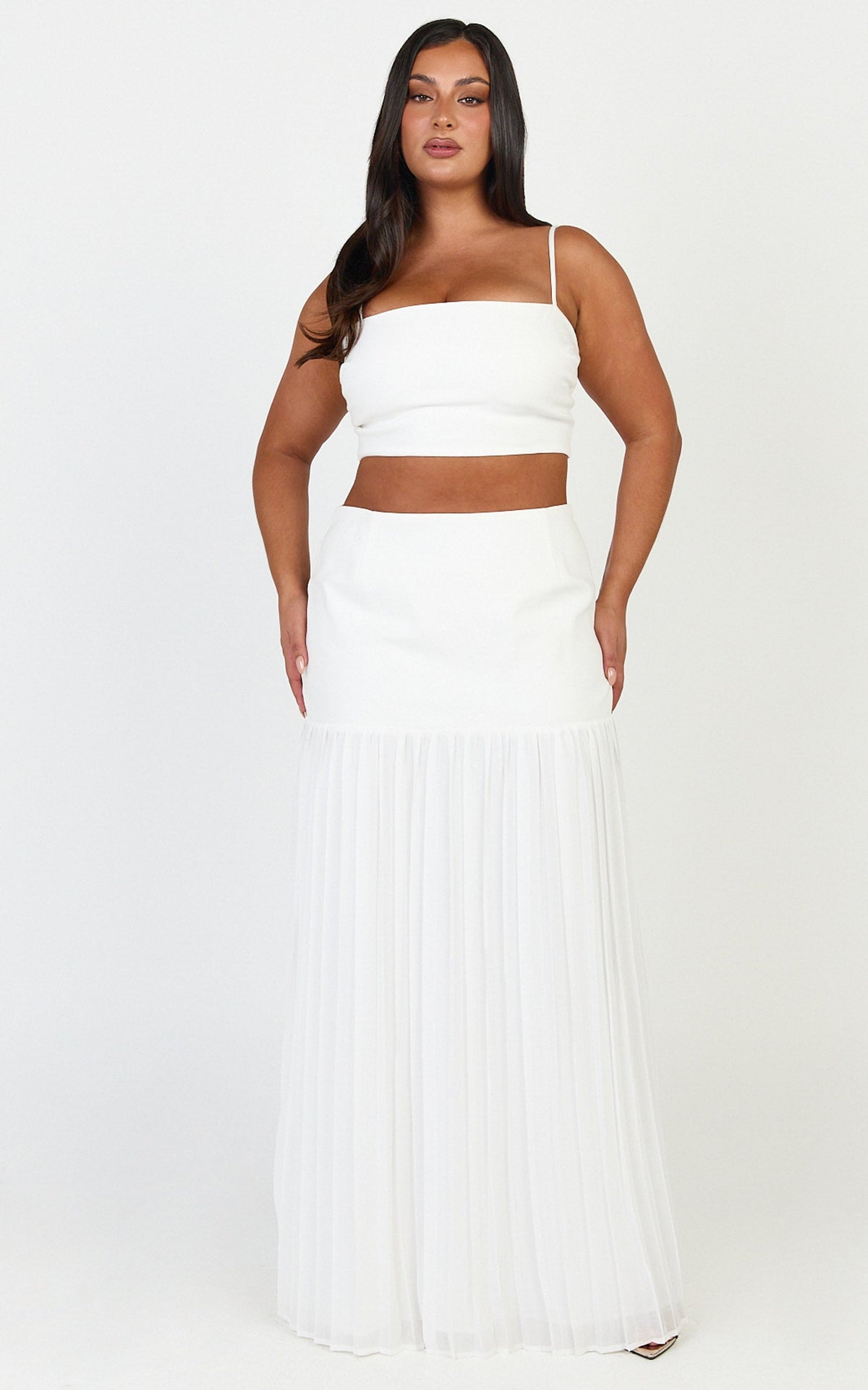 Rowan Two Piece Top and Skirt Set - Square Neck Crop Top and High Waist Pleated Maxi Skirt Set in Ivory
