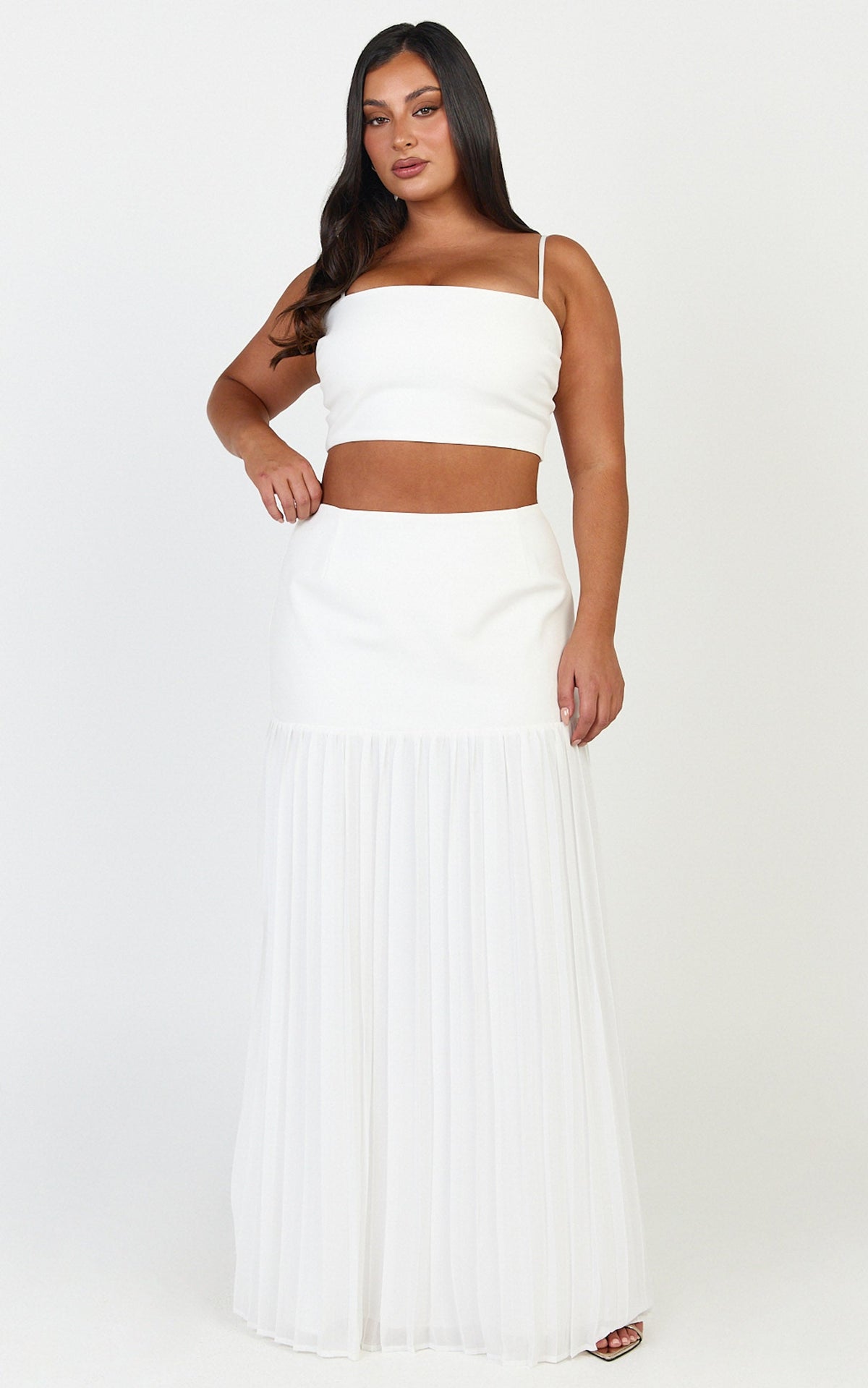 Rowan Two Piece Top and Skirt Set - Square Neck Crop Top and High Waist Pleated Maxi Skirt Set in Ivory