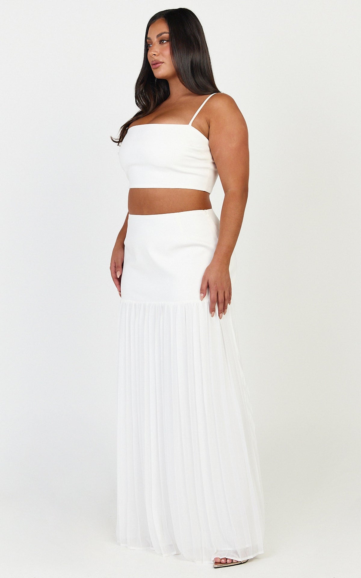 Rowan Two Piece Top and Skirt Set - Square Neck Crop Top and High Waist Pleated Maxi Skirt Set in Ivory