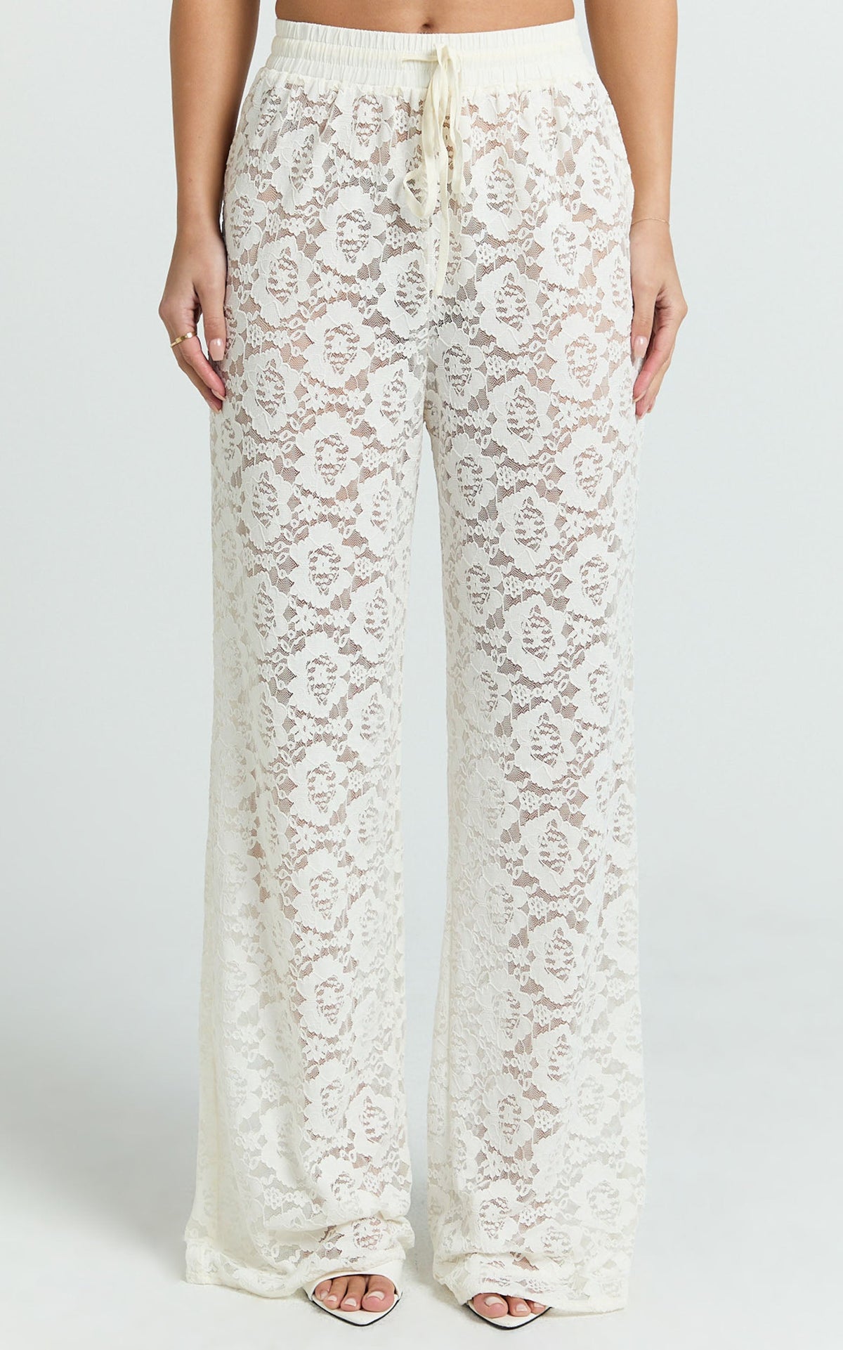 Roxy Pants - High Waist Lace Relaxed Drawstring Pants in Off White