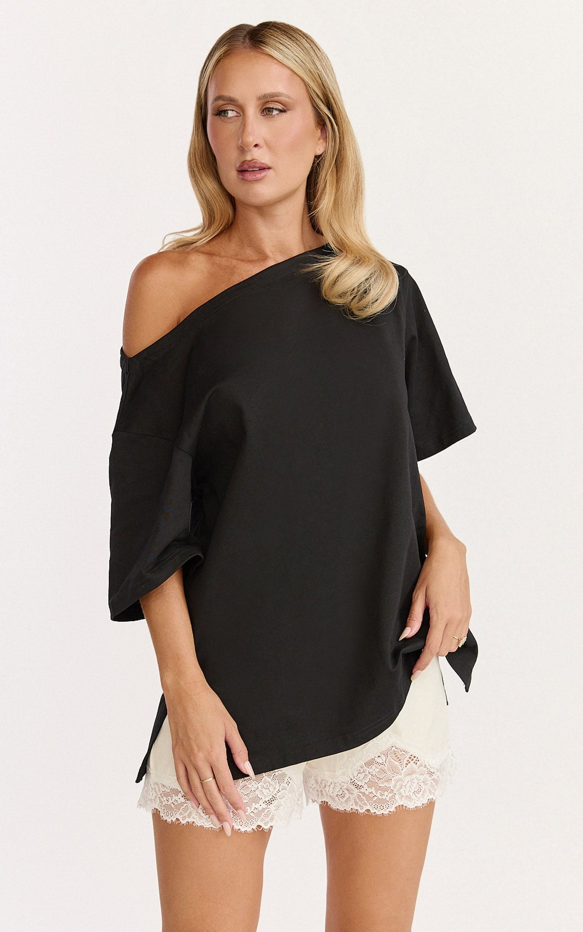 Ruby Top - Off Shoulder Asymmetrical T-shirt in Black