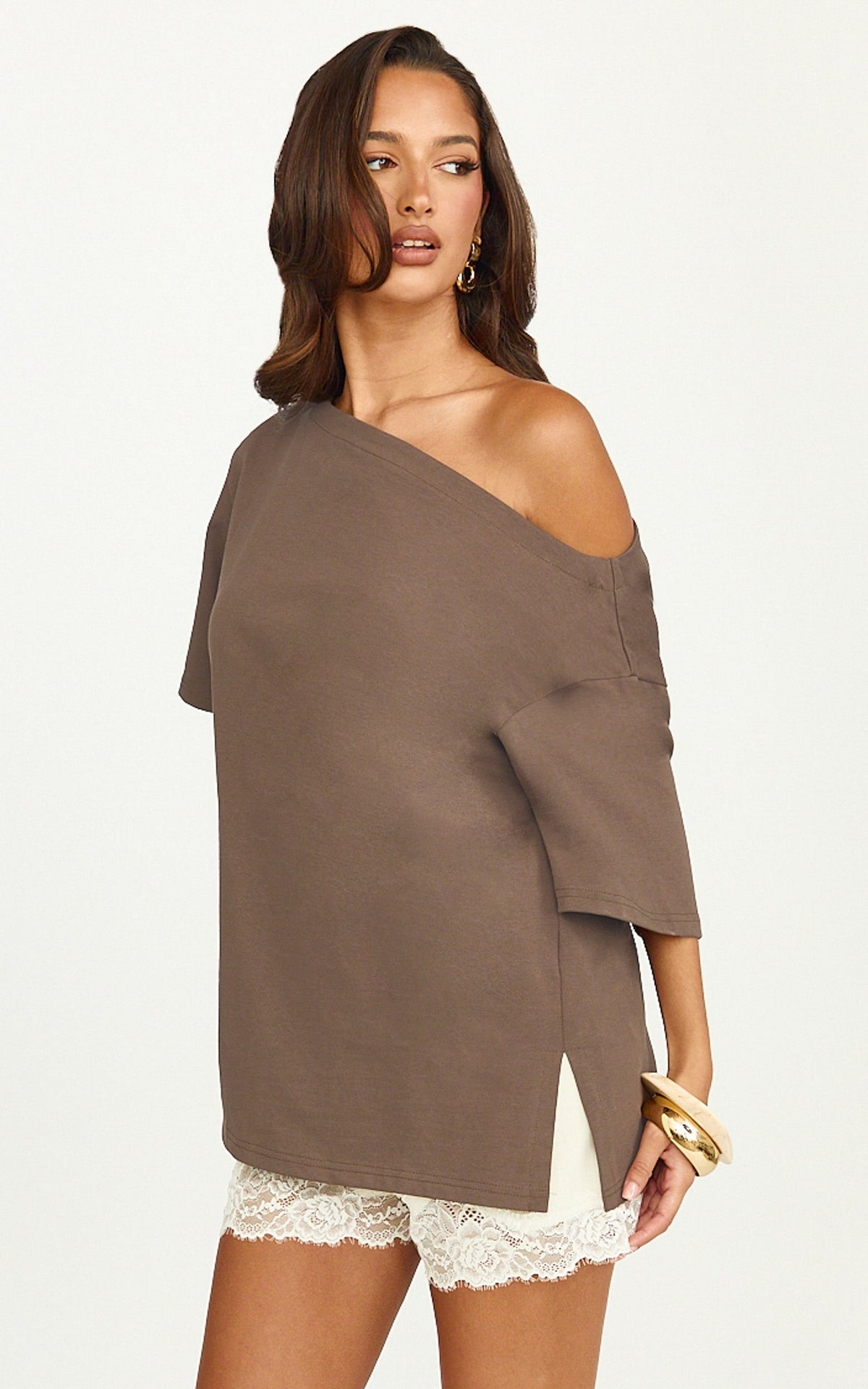 Ruby Top - Off Shoulder Asymmetrical T-shirt in Chocolate