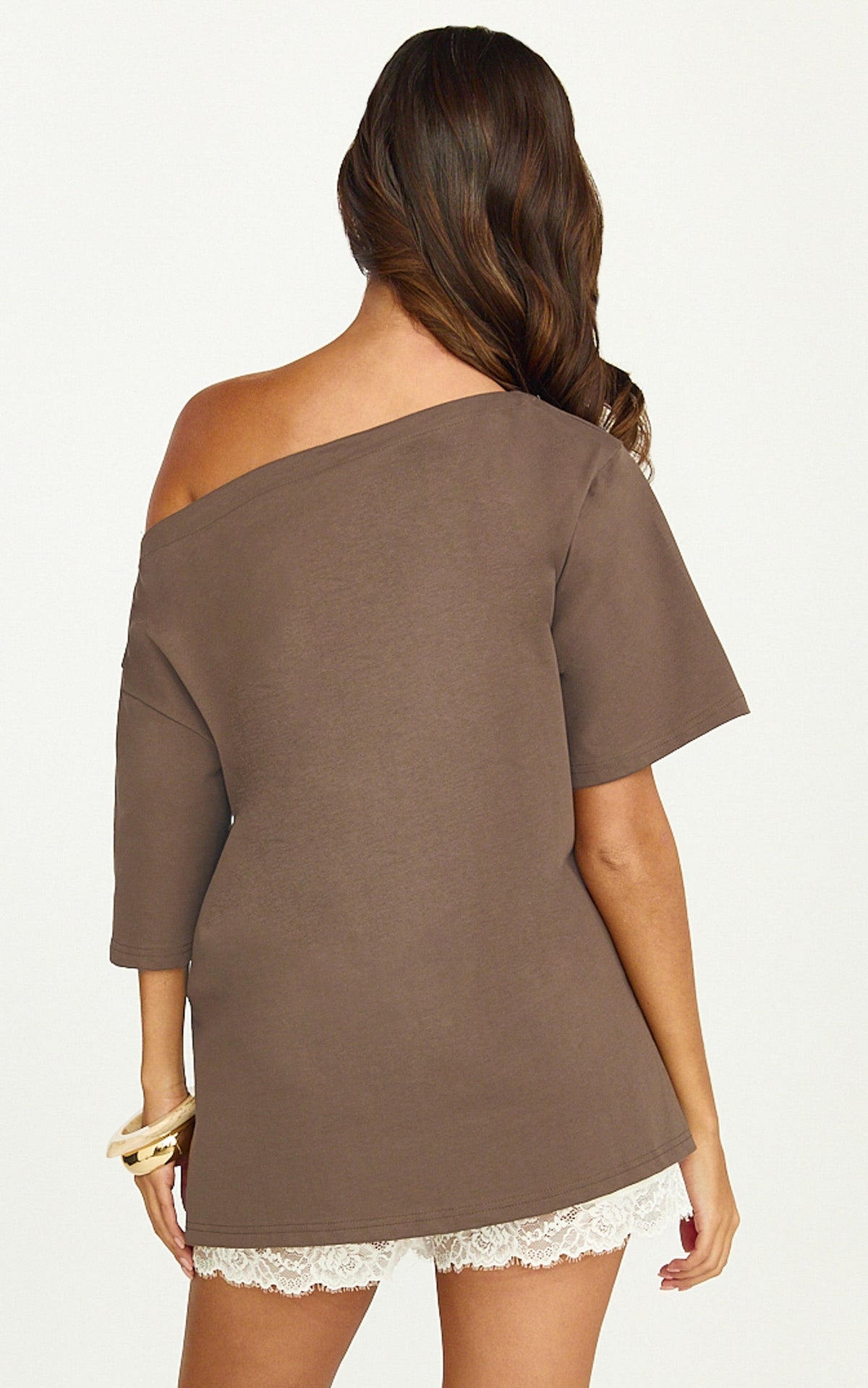 Ruby Top - Off Shoulder Asymmetrical T-shirt in Chocolate