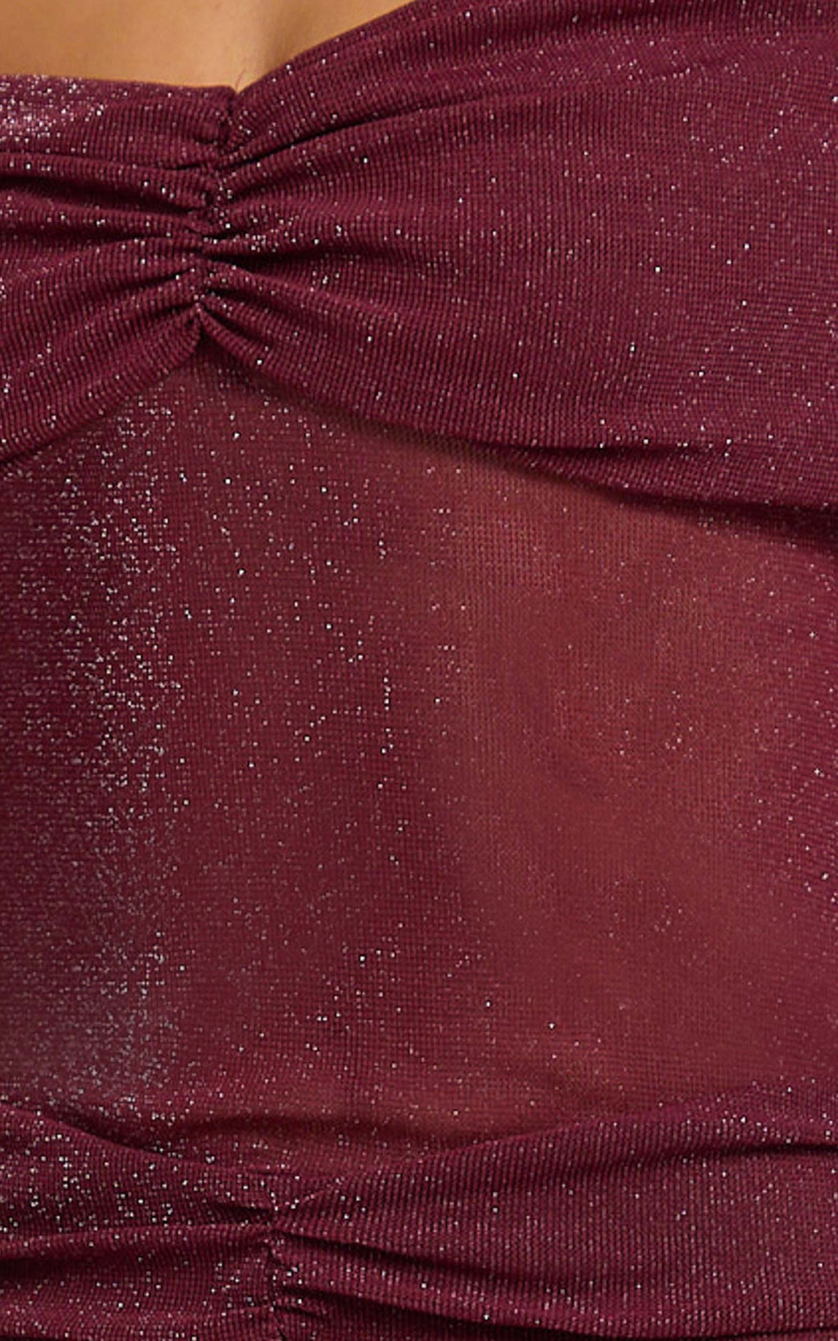 Rumi Mini Dress - Glitter Tulle Off Shoulder Ruched Dress in Wine