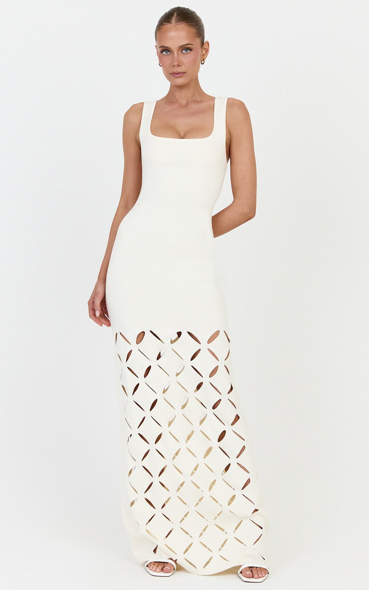Sabrina Maxi Dress - Scoop Neck Laser Cut Dress in Cream