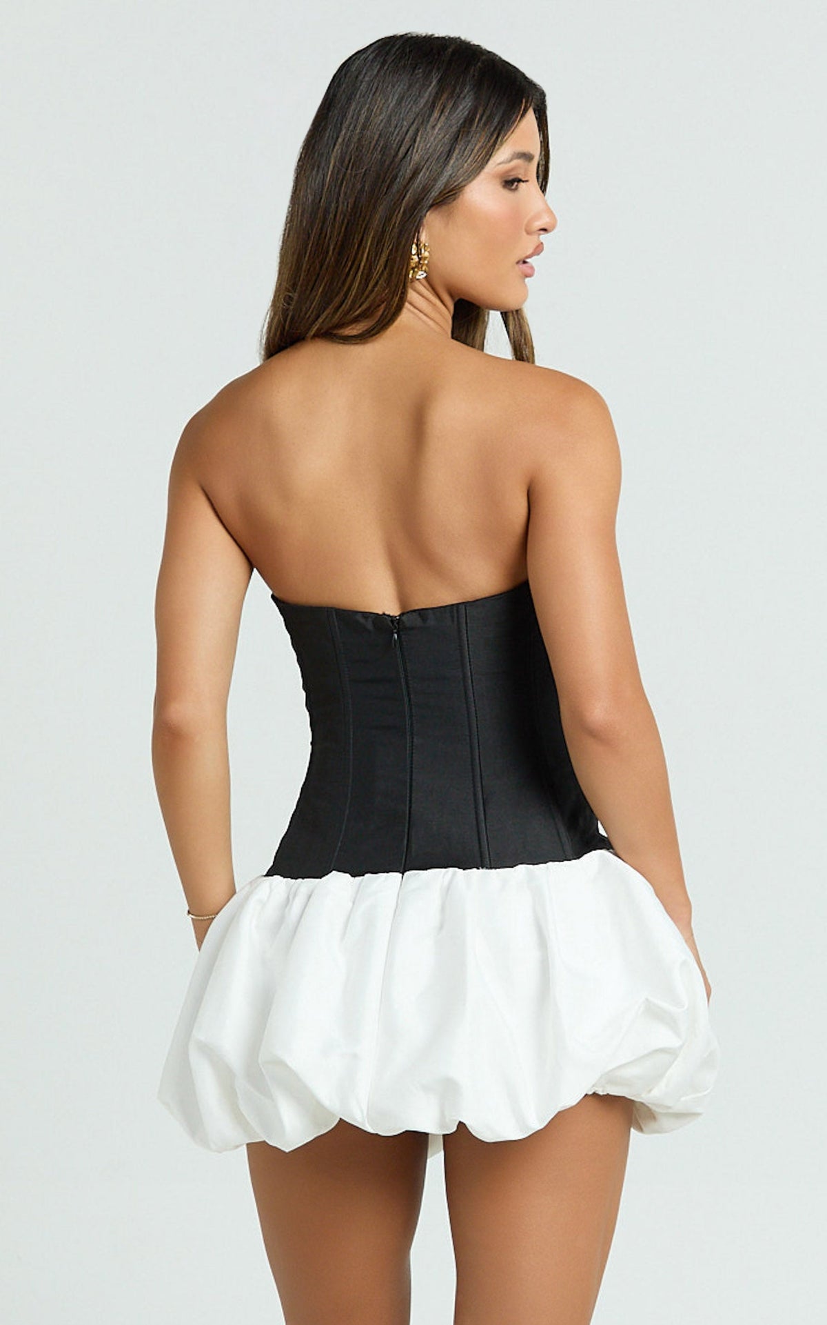 Santana Mini Dress - Strapless Fit And Flare Bubble Hem Dress in Black/White