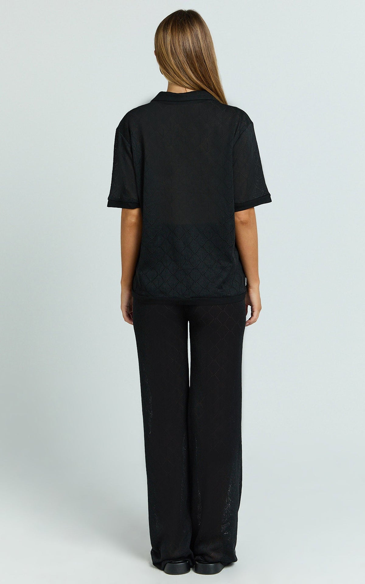 Scarlett Two Piece Top and Pants Set - Knit Button Short Sleeve Shirt and Wide Leg Pant Set in Black