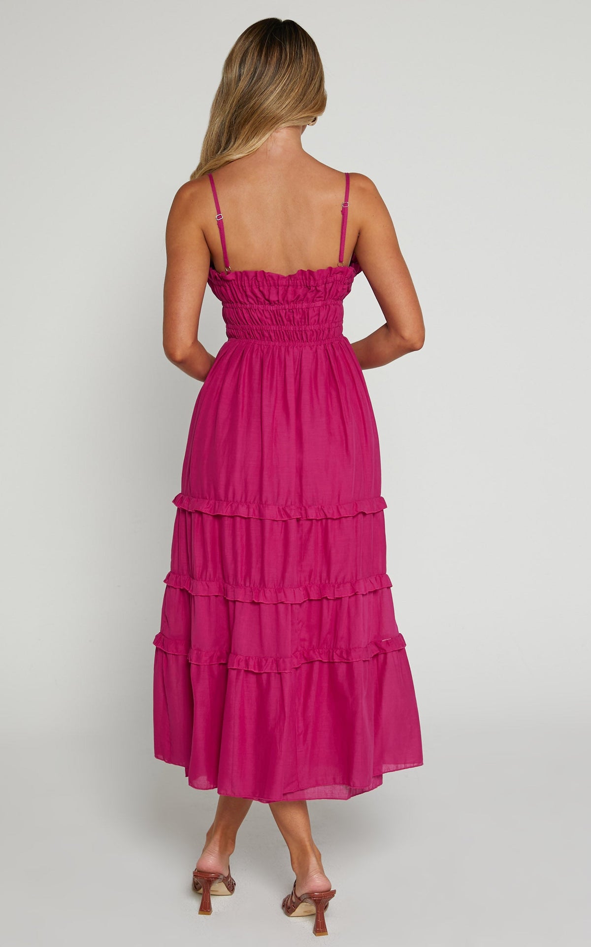 Schiffer Midi Dress - Strappy Ruched Tie Front Tiered Dress in Raspberry