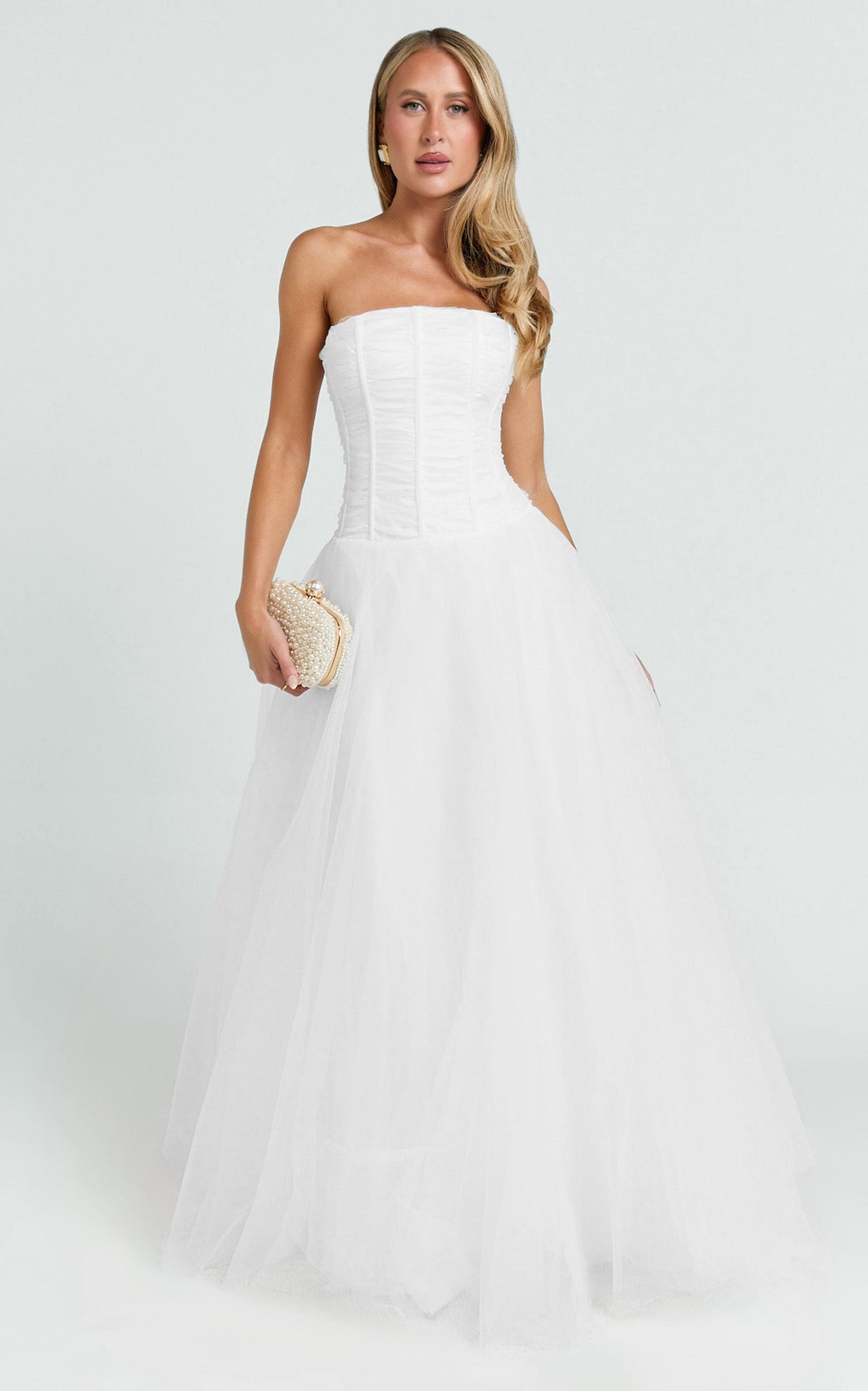 Selene Maxi Dress - Strapless Corset Gathered Skirt Dress in White