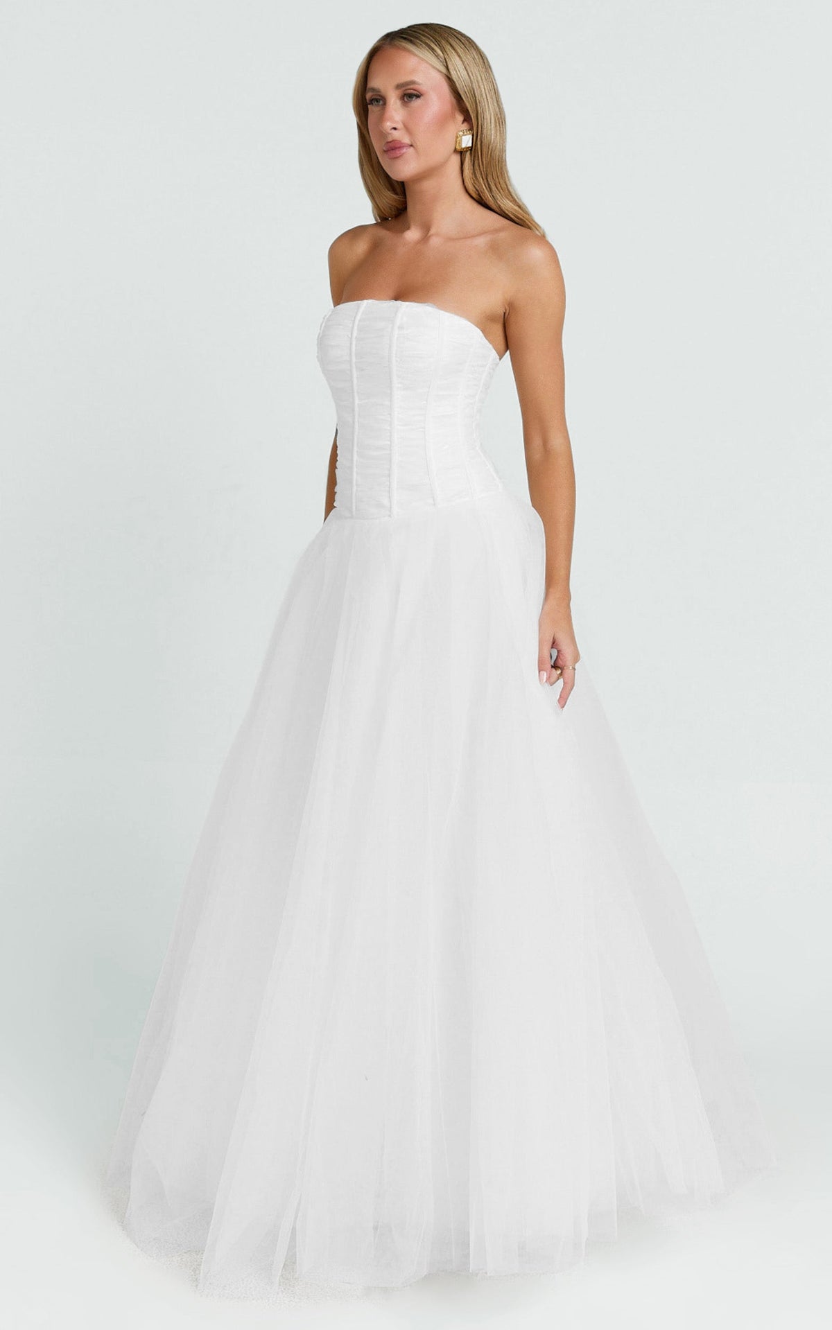 Selene Maxi Dress - Strapless Corset Gathered Skirt Dress in White