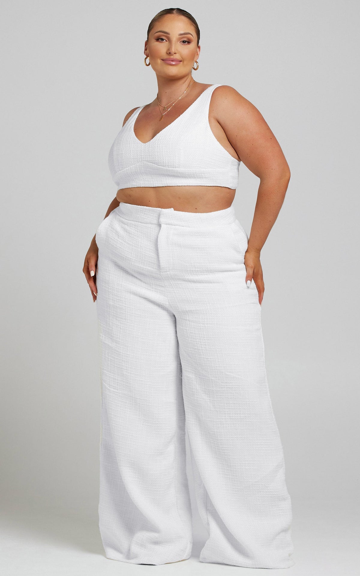 Adelaide Two Piece Set - Crop Top and Wide Leg Pants Set in White