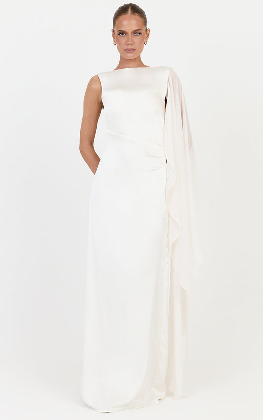 Seraphina Maxi Dress - Boat Neck Dress With Cape Sleeve in Ivory