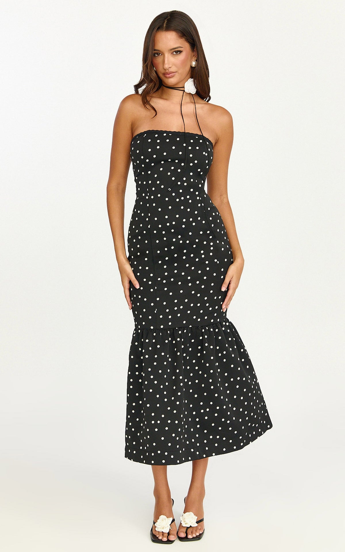 Seraphina Midi Dress - Polka Dot Strapless Lace Neck Gathered Mermaid Skirt Dress in Black Polka Dot