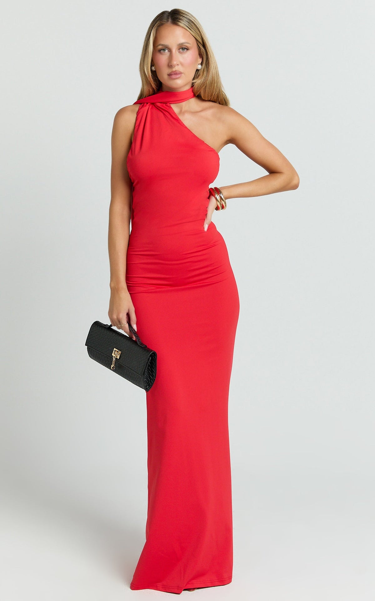 Seraphine Maxi Dress - Halter Neck Low Back Fit And Flare Dress in Red