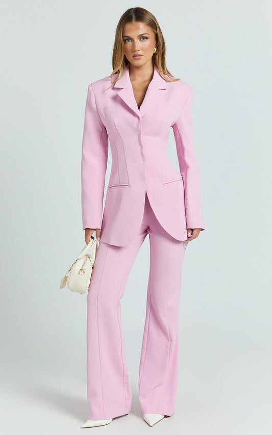 Seville Pants - High Waisted Slim Fit Bootleg Tailored Pants in Pink