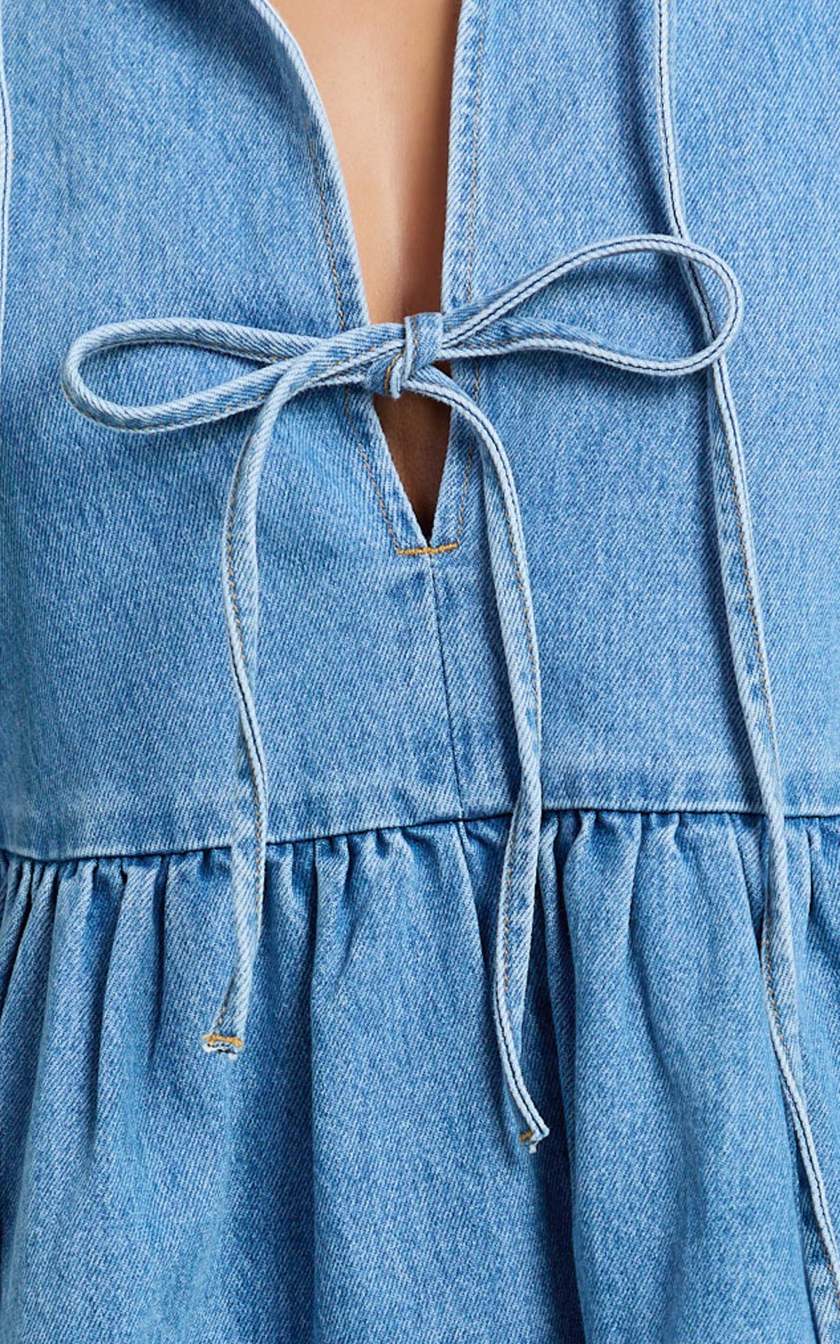 Shailene Mini Dress - Tie Front Puff Sleeve Recycled Denim Dress in Mid Blue Wash