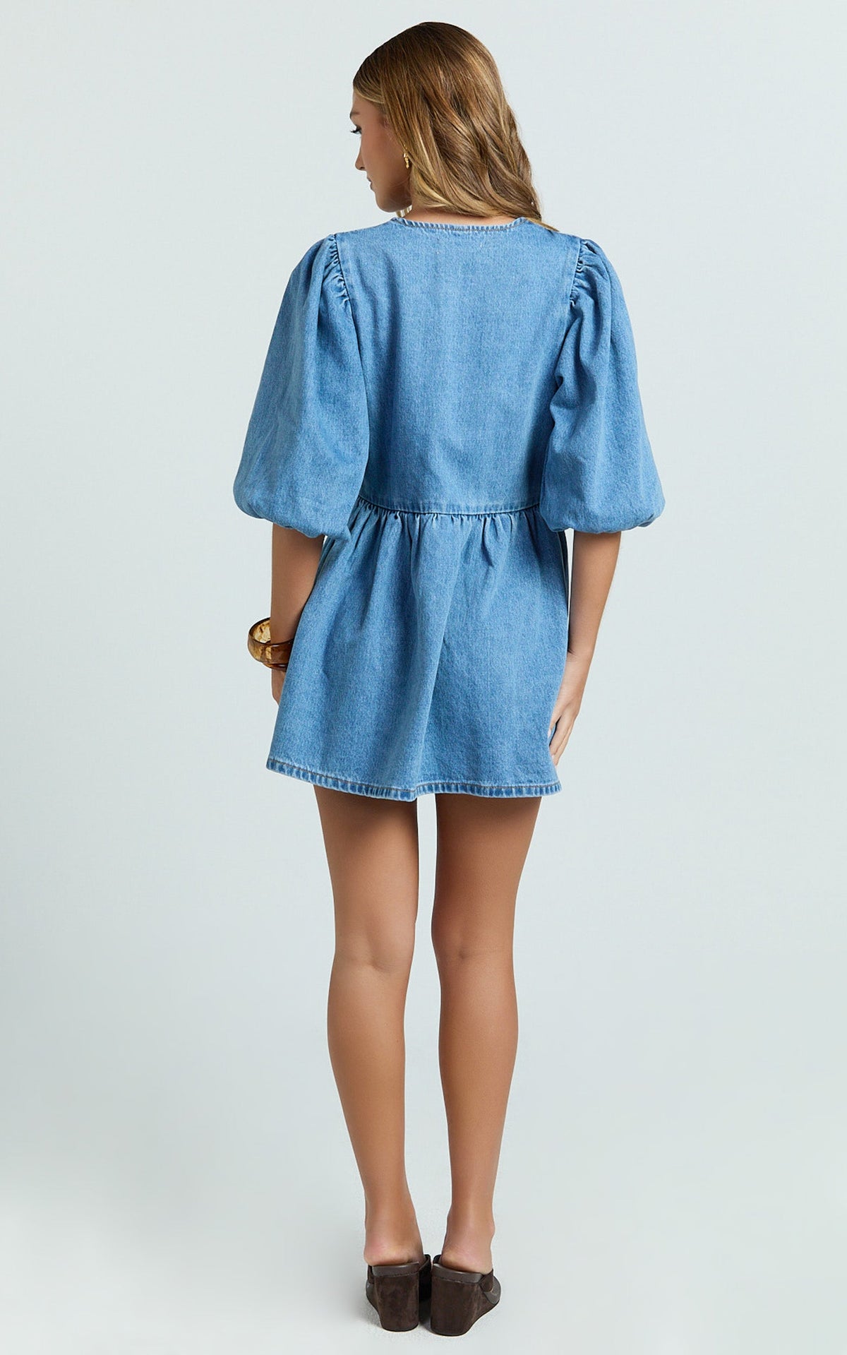Shailene Mini Dress - Tie Front Puff Sleeve Recycled Denim Dress in Mid Blue Wash