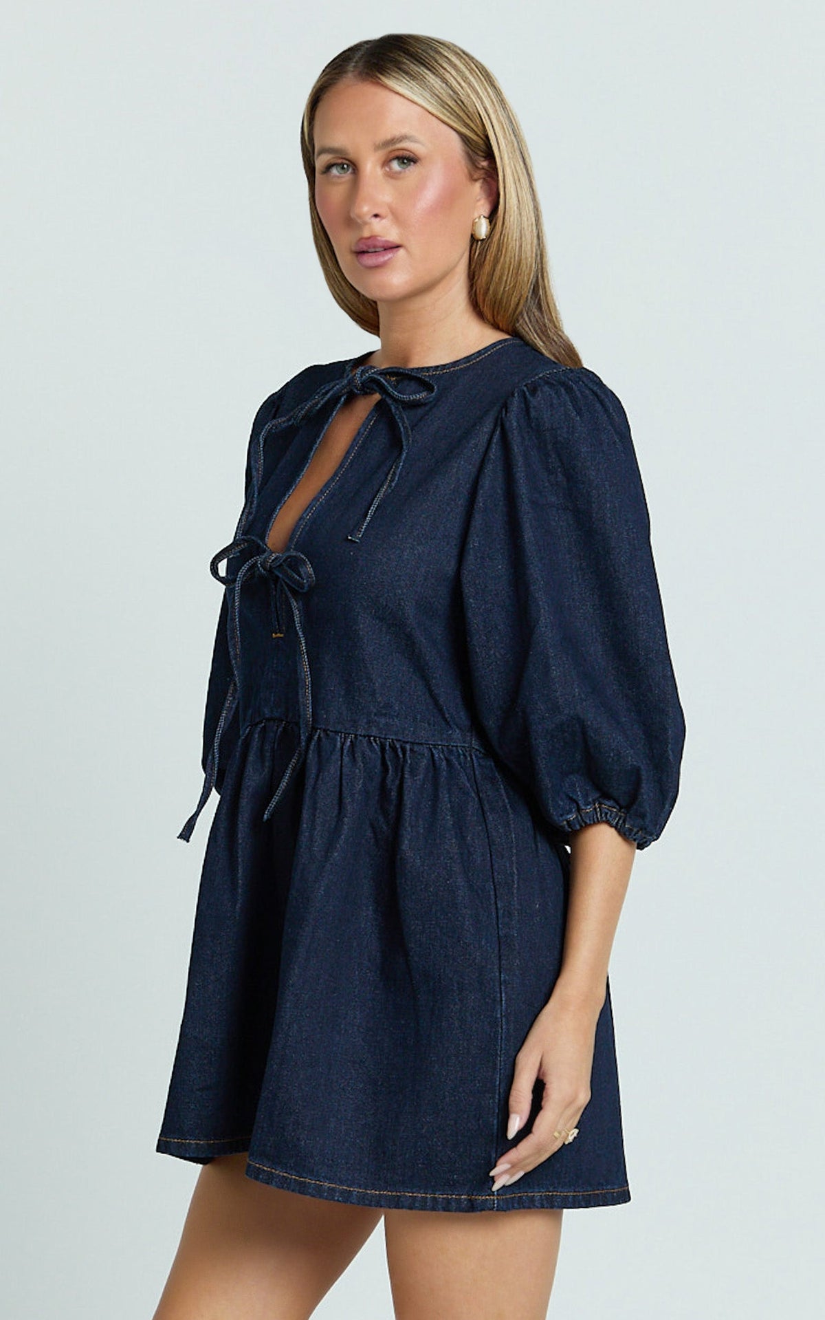 Shailene Mini Dress - Tie Front Puff Sleeve Recycled Denim Dress in Raw Indigo