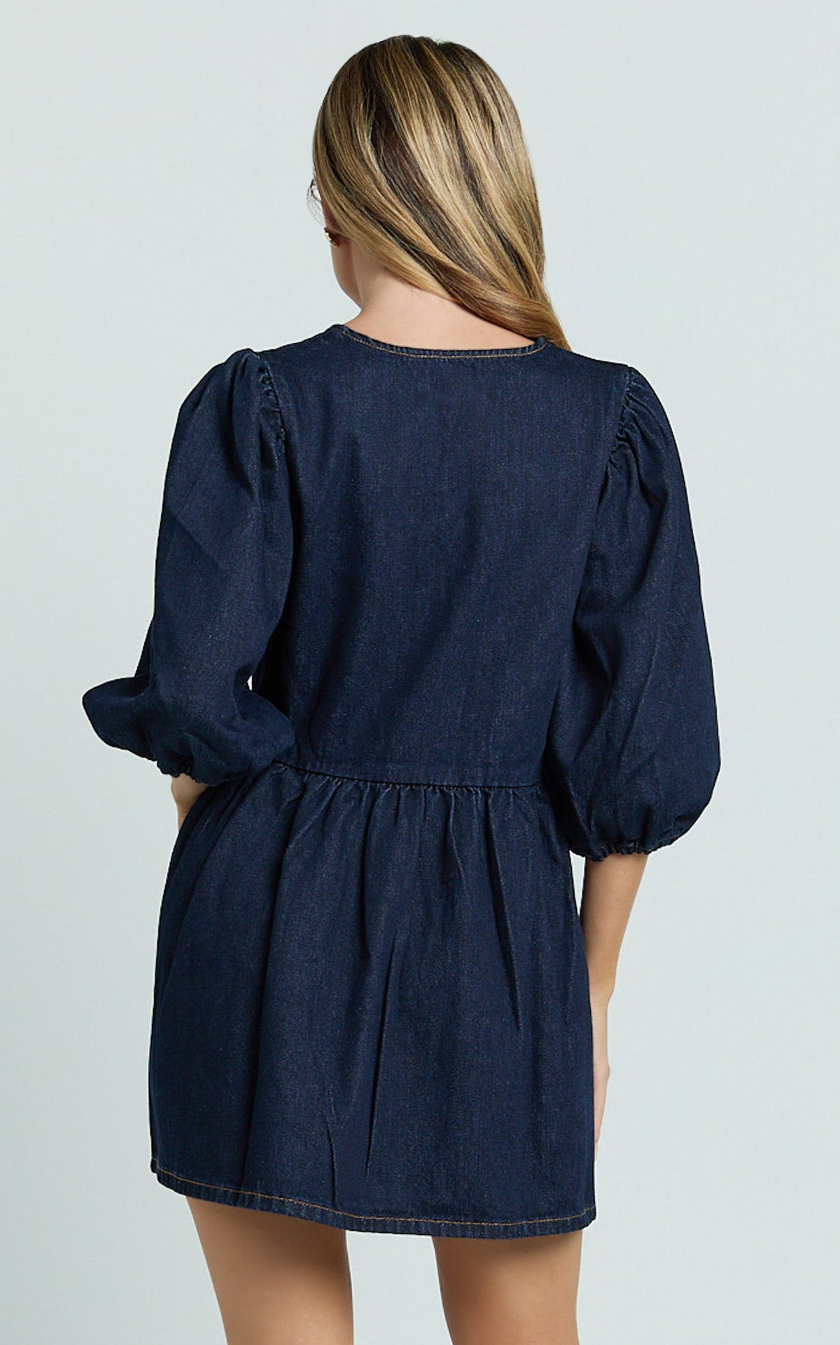 Shailene Mini Dress - Tie Front Puff Sleeve Recycled Denim Dress in Raw Indigo