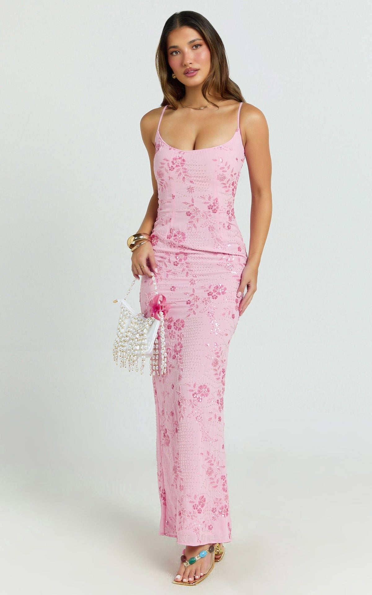 Shari Maxi Dress - Strappy Scoop Neck Column Fitted Sequin Mesh Dress in Pink