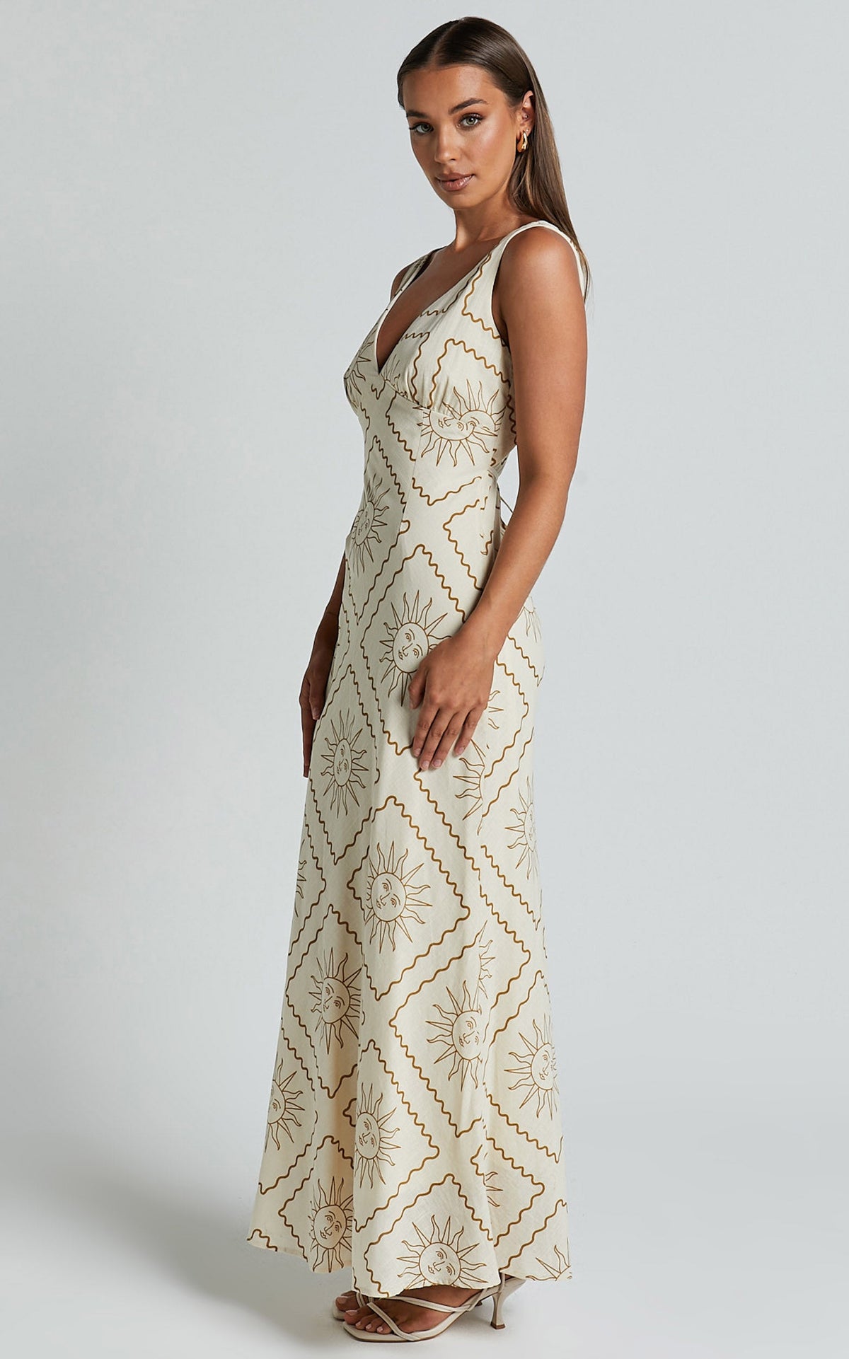 Sharlyn Midi Linen Blend Dress - Deep V Neck Sleeveless Slip Dress in Beige Sun Print