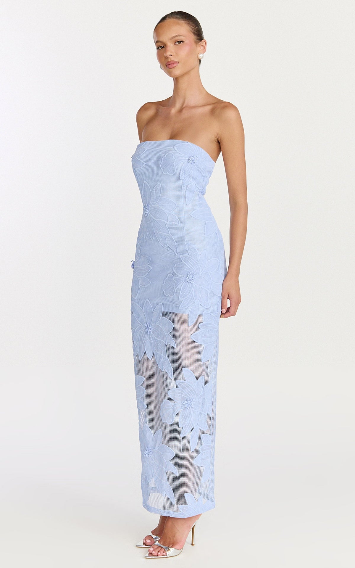Sienna Midi Dress - Strapless Floral Embroidered Bodycon Dress in Blue