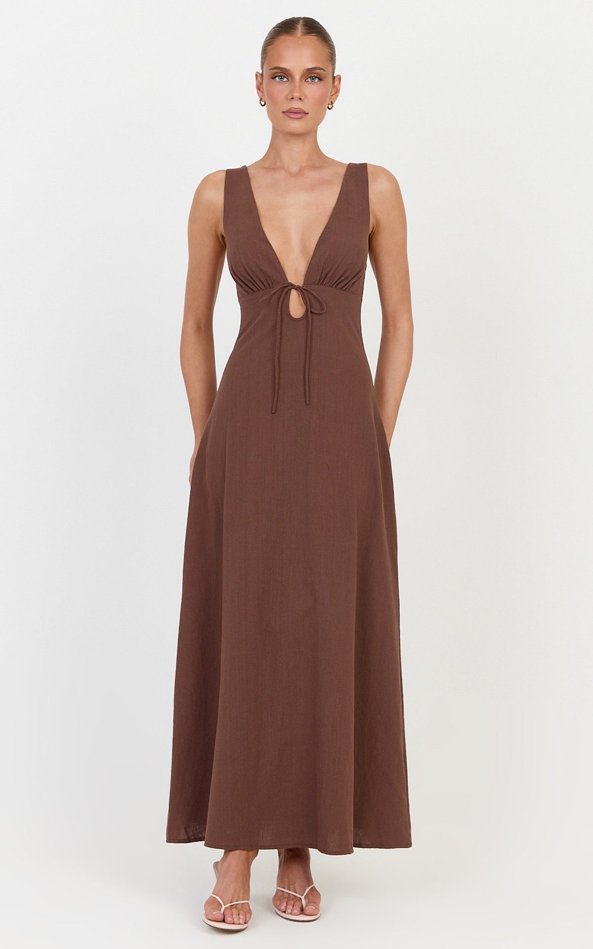 Silvena Midi Dress - V Neck Tie Front A Line Dress in Chocolate