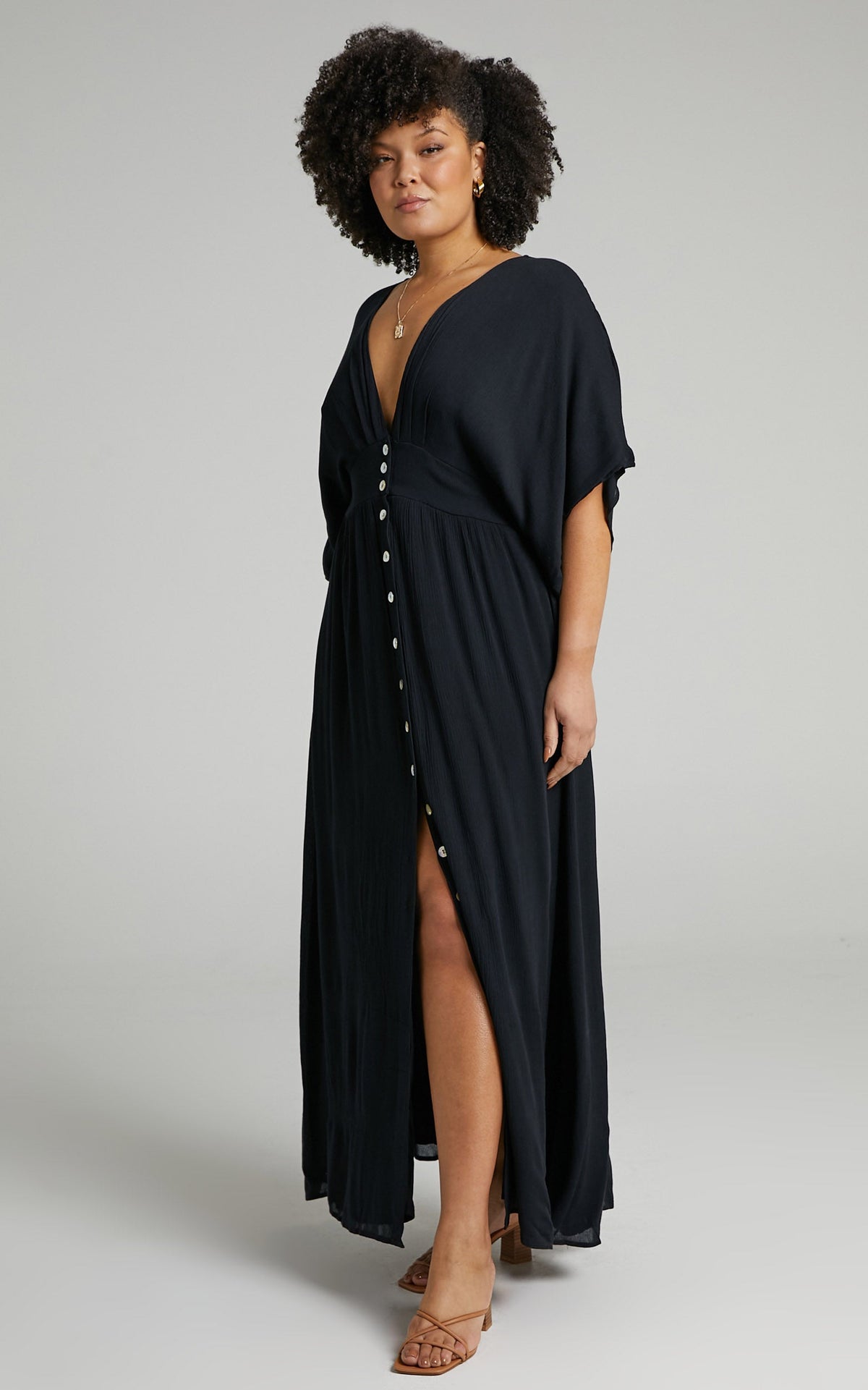 Sitting Pretty Maxi Dress - Short Sleeve Button Down Dress in Black